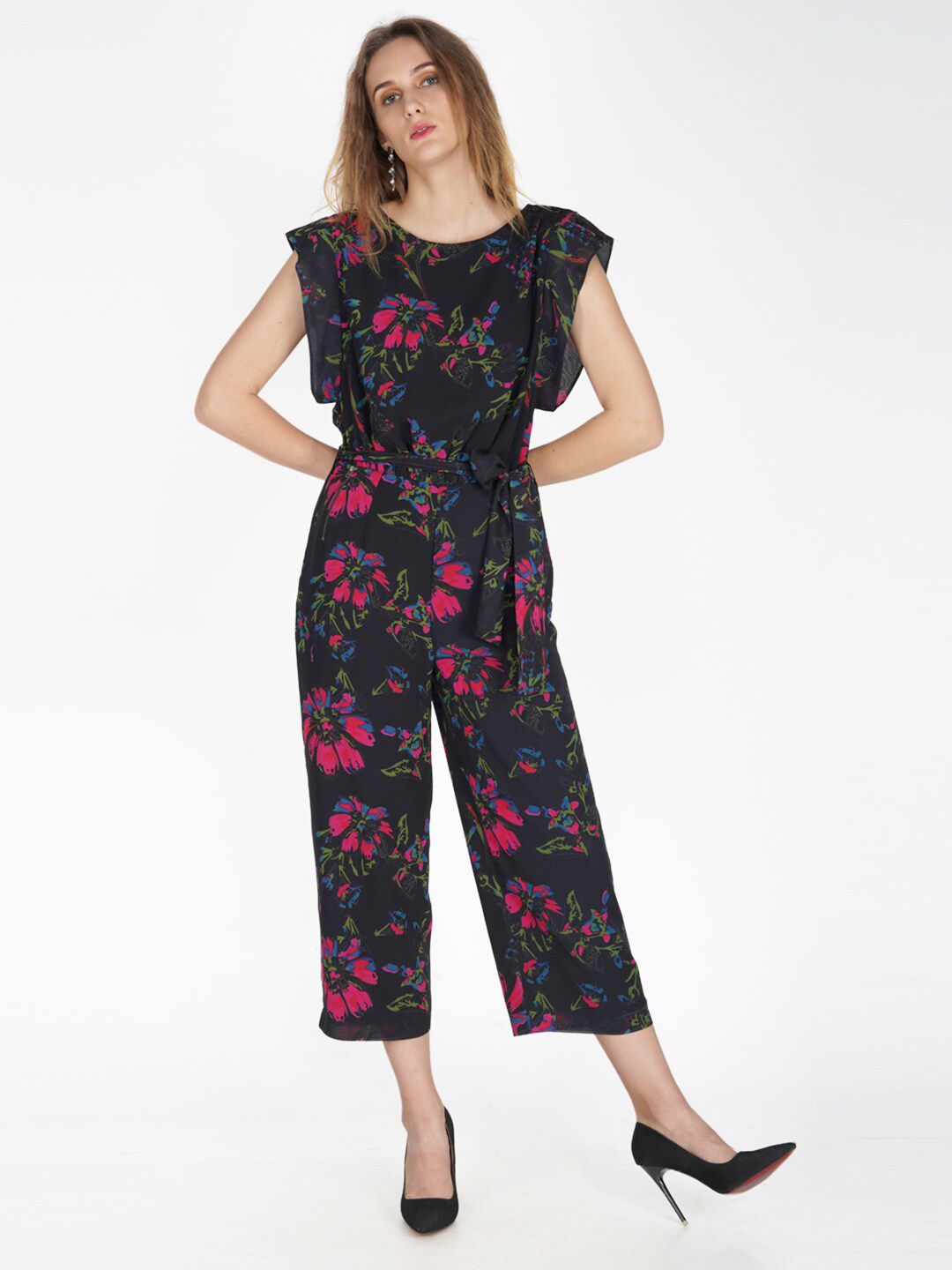 SHAYE Black & Fuchsia Printed Basic Jumpsuit Price in India