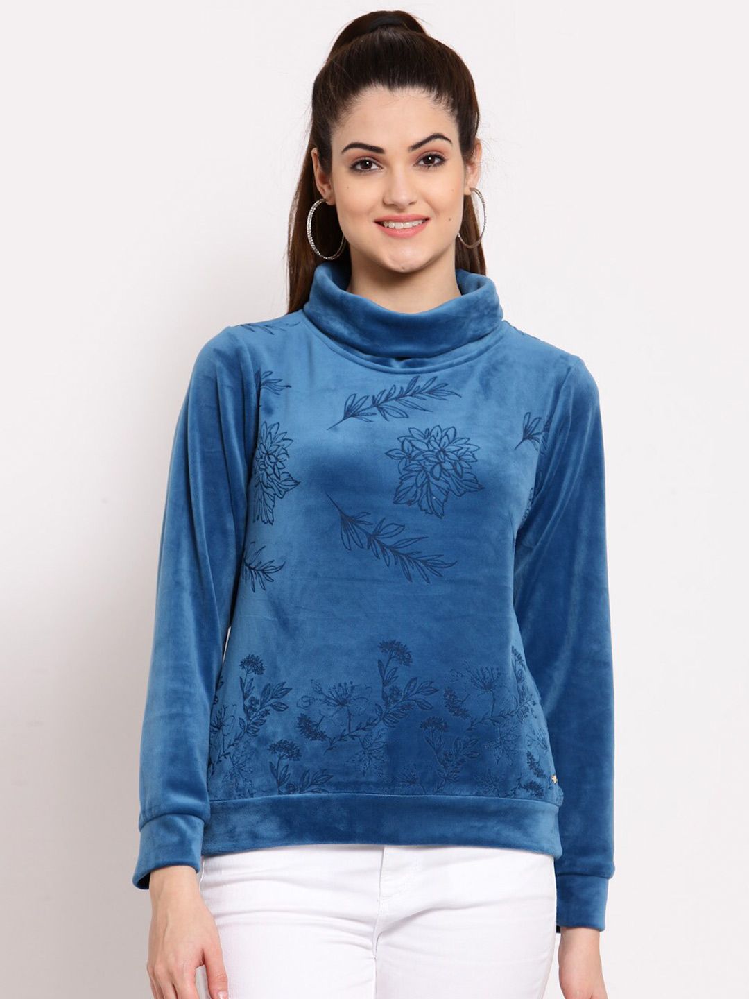 Juelle Women Blue Floral Printed Turtle Neck Sweatshirt Price in India