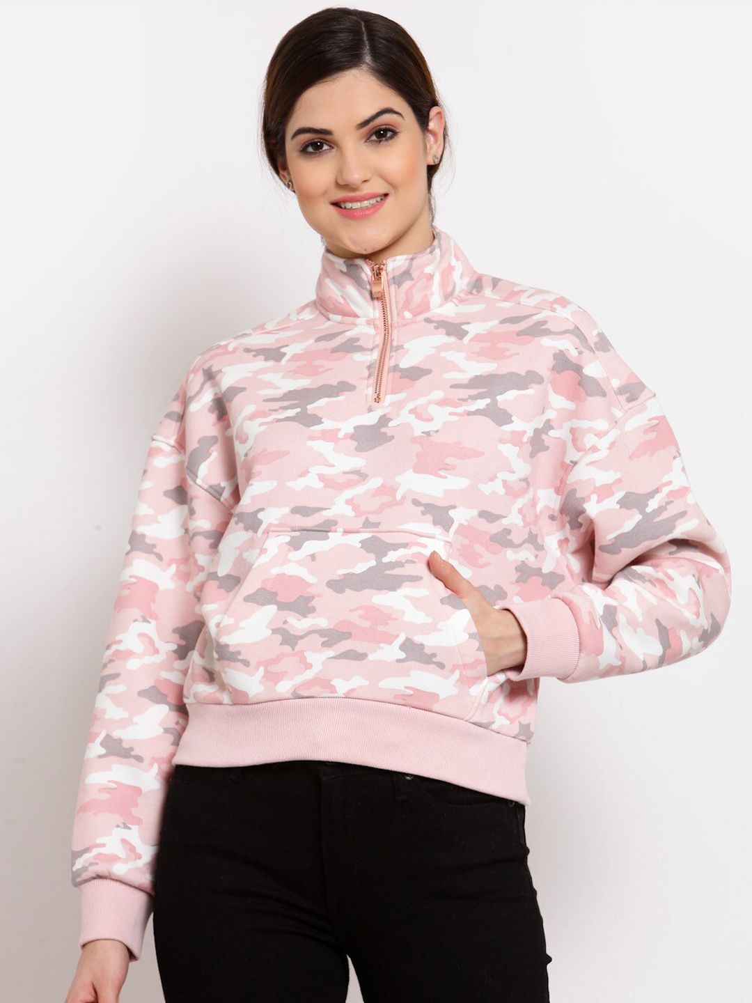 Juelle Women Pink & Grey Camouflage Printed Sweatshirt Price in India