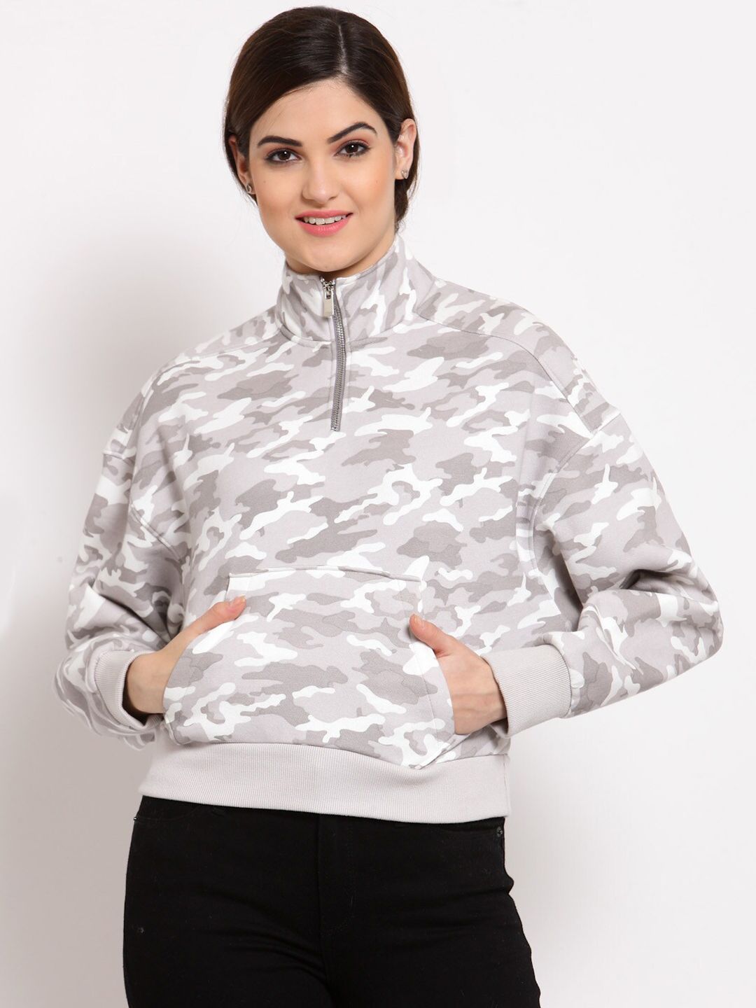 Juelle Women Grey & White Camouflage Printed Sweatshirt Price in India