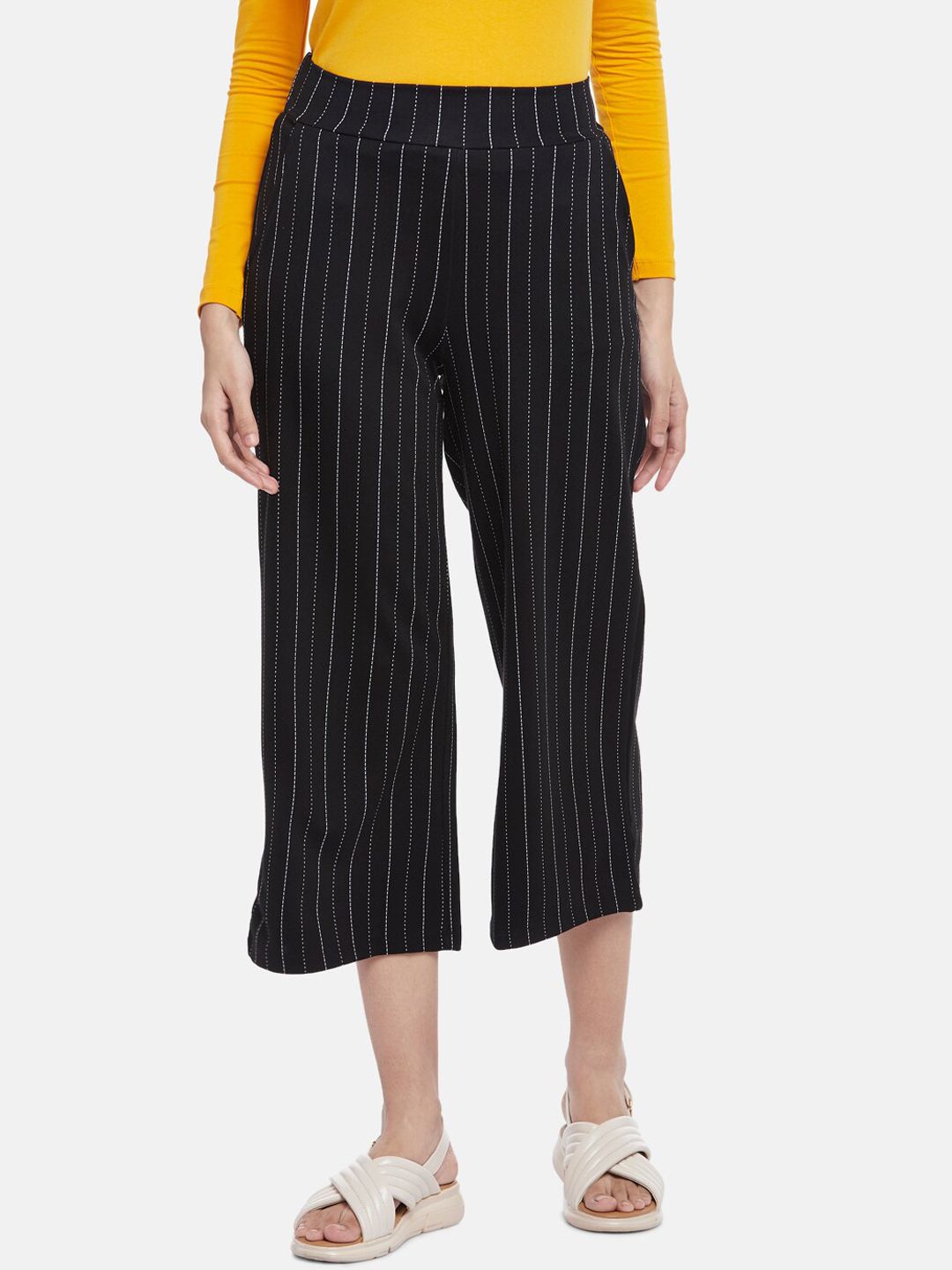 Honey by Pantaloons Women Black Striped Culottes Trousers Price in India