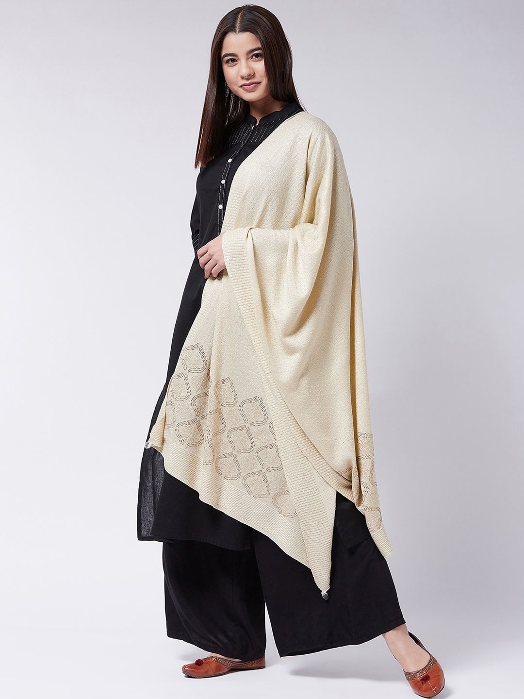 InWeave Women Off White Woven Design Shawl Price in India