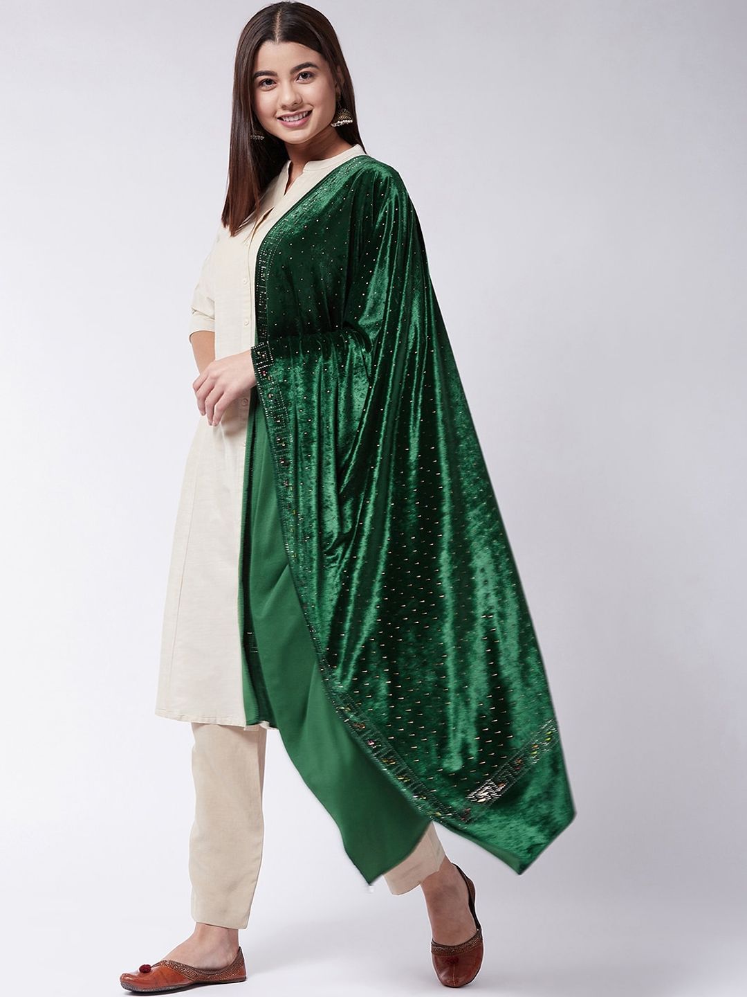InWeave Women Green Crystal Embellished Velvet Shawl Price in India