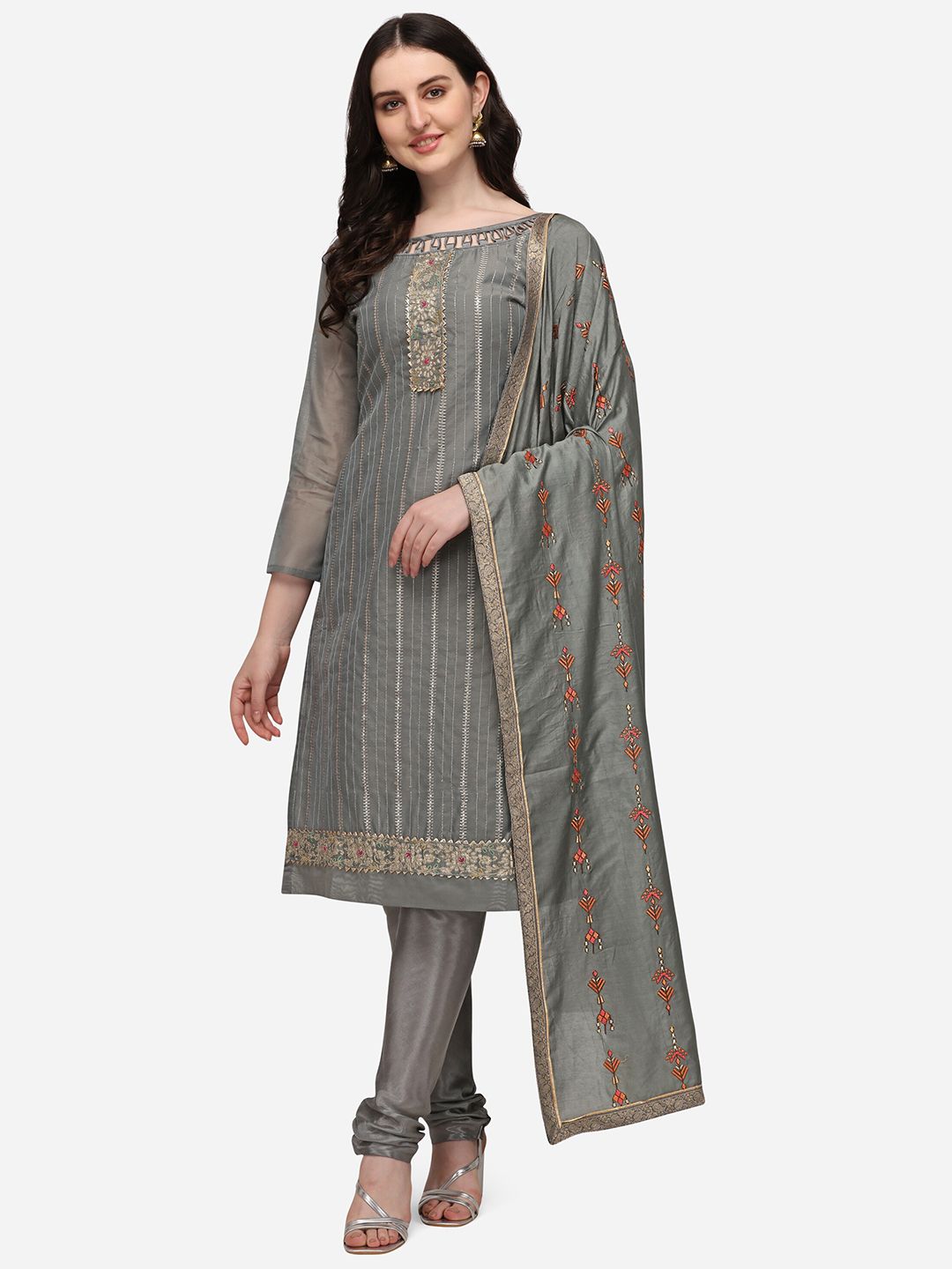 Mitera Grey & Red Embroidered Chanderi Unstitched Dress Material Price in India