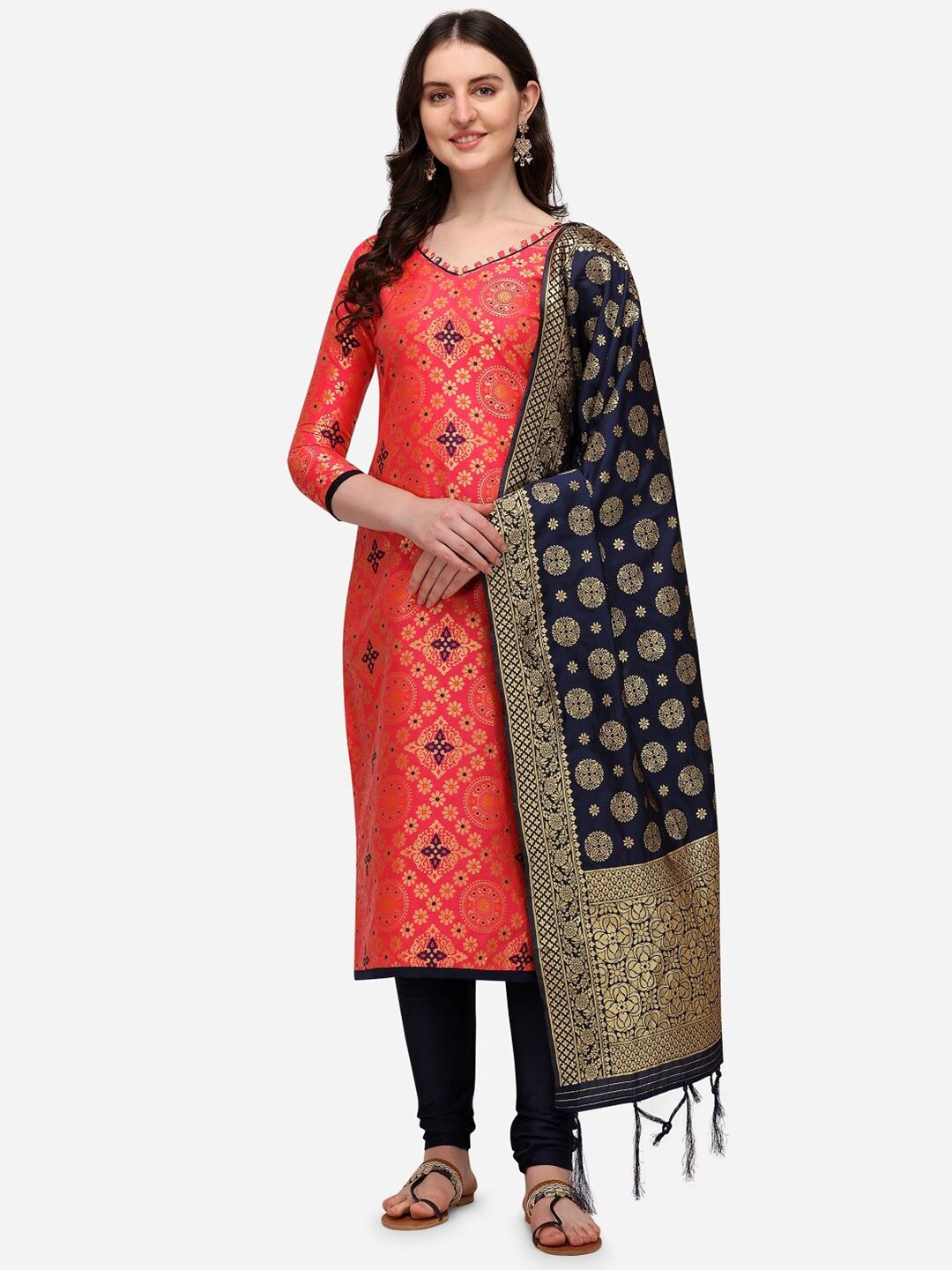 Mitera Pink & Navy Blue Dupion Silk Banarasi Jacquard Unstitched Dress Material Price in India