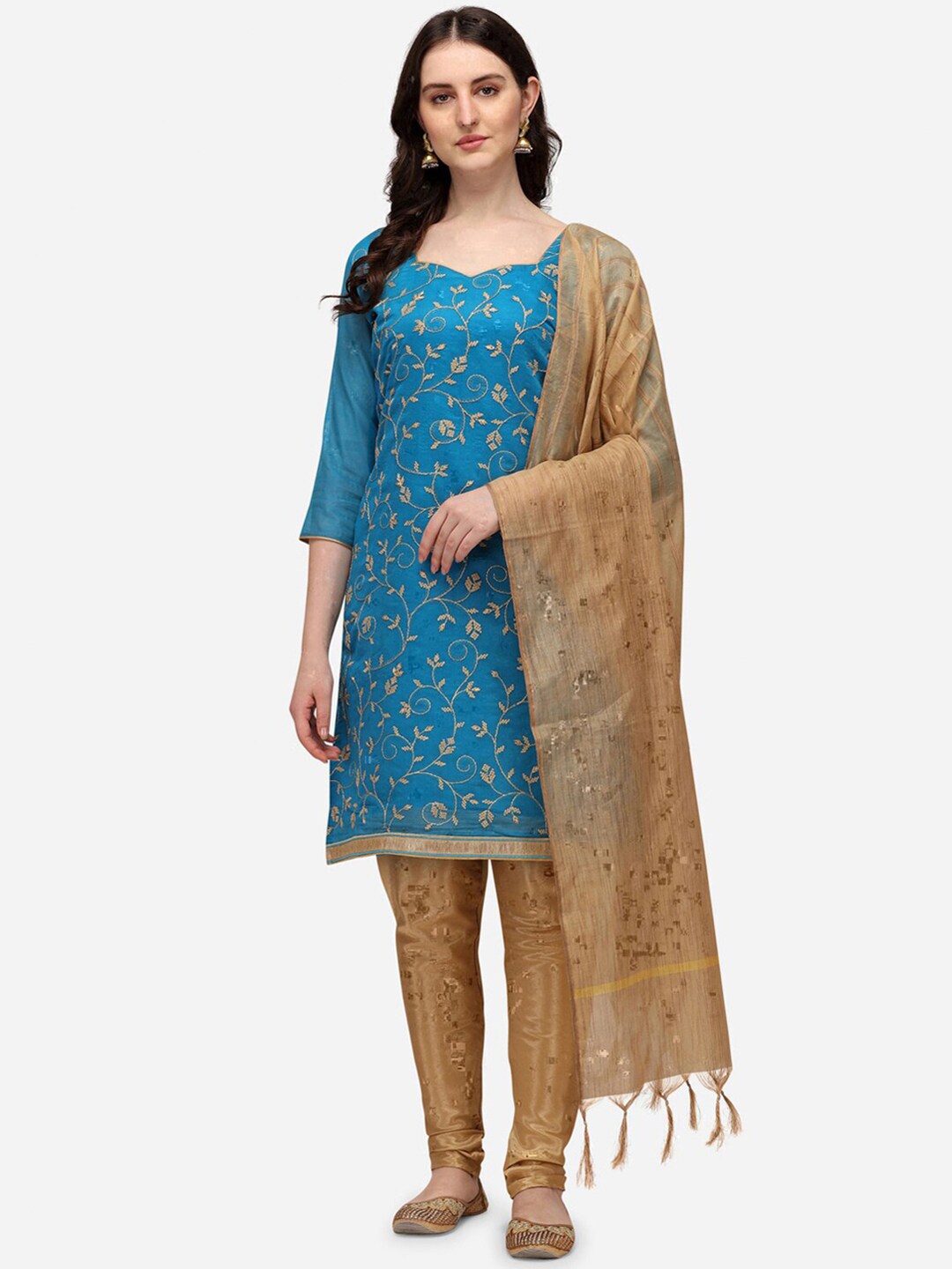 Mitera Blue & Gold-Toned Embroidered Unstitched Dress Material Price in India