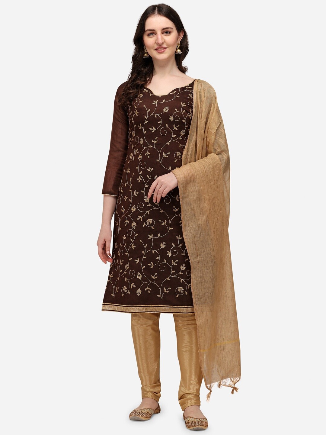 Mitera Brown & Gold-Toned Embroidered Unstitched Dress Material Price in India