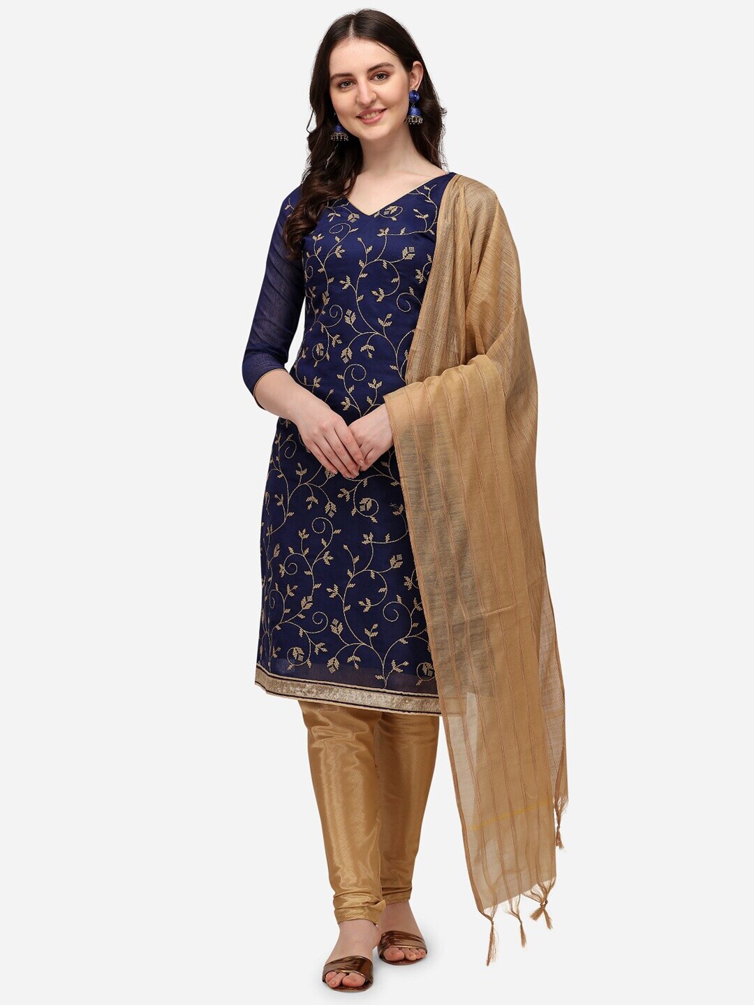 Mitera Navy Blue & Gold-Toned Embroidered Chanderi Unstitched Dress Material Price in India