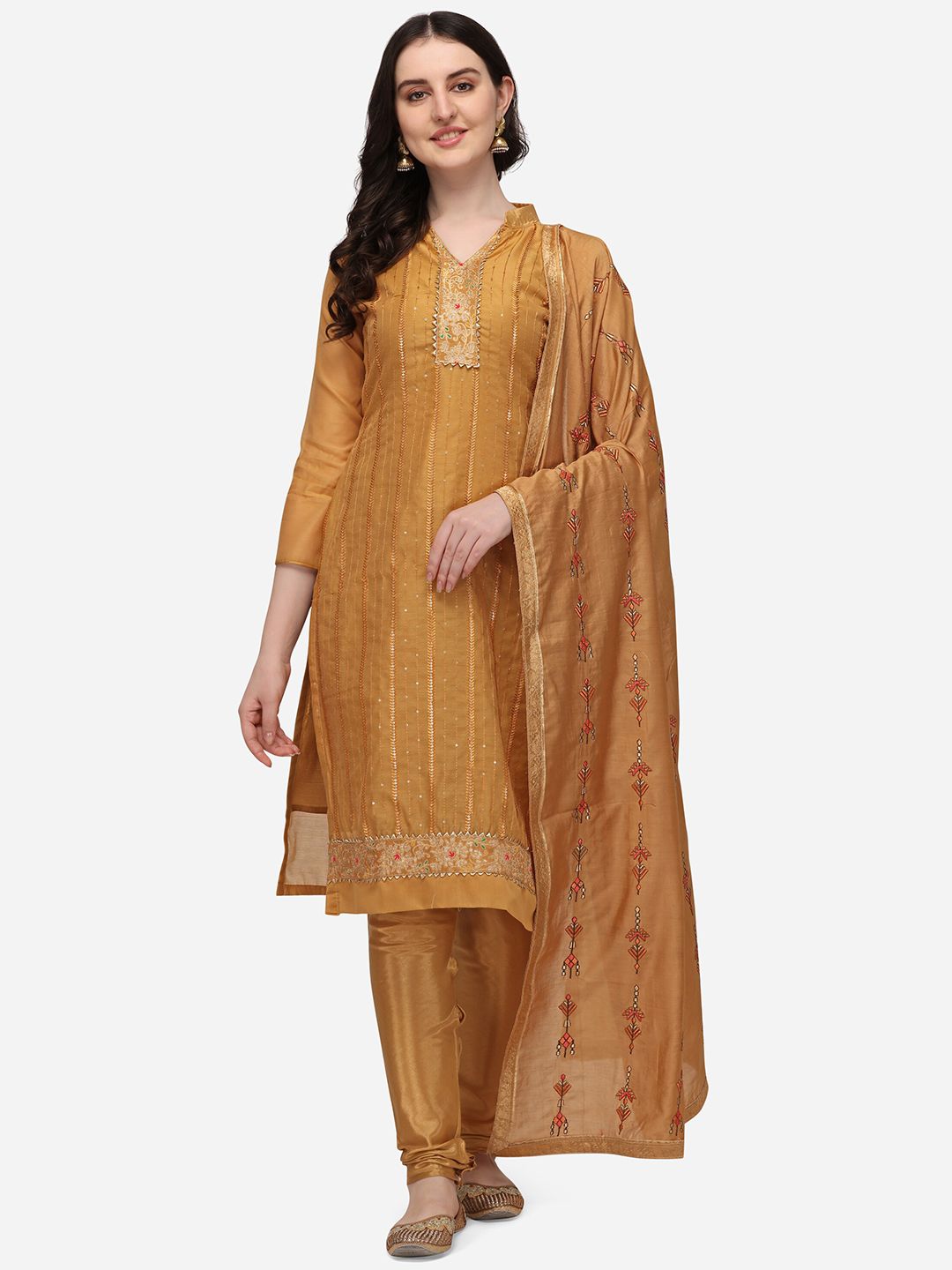 Mitera Cream-Coloured & Gold-Toned Embroidered Chanderi Unstitched Dress Material Price in India