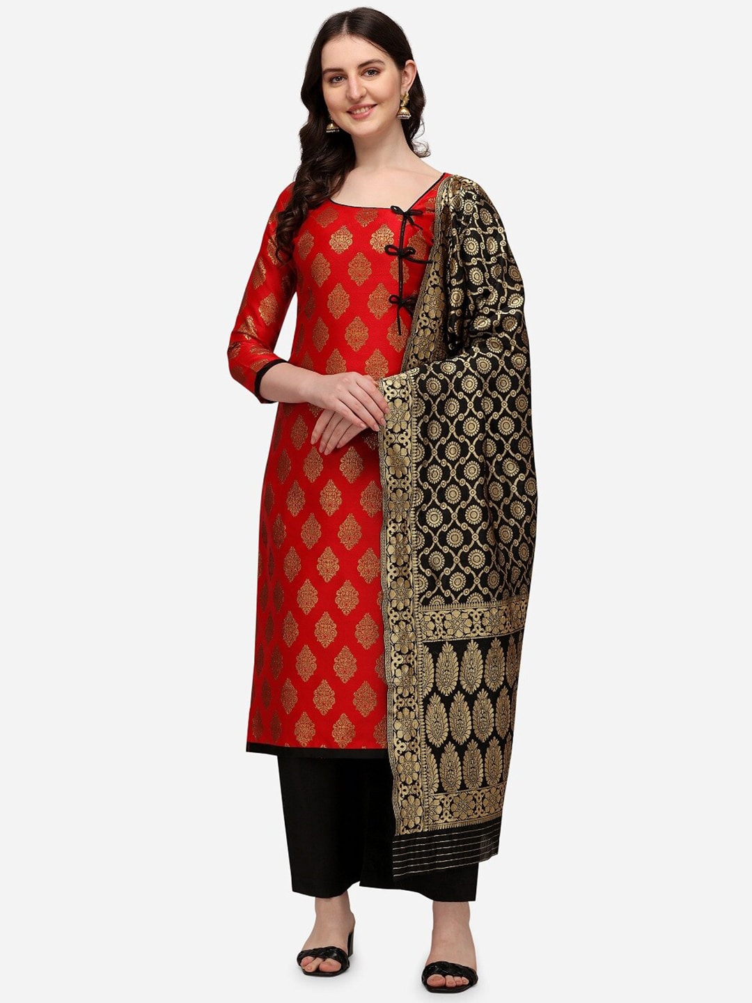 Mitera Red & Black Printed Unstitched Dress Material Price in India