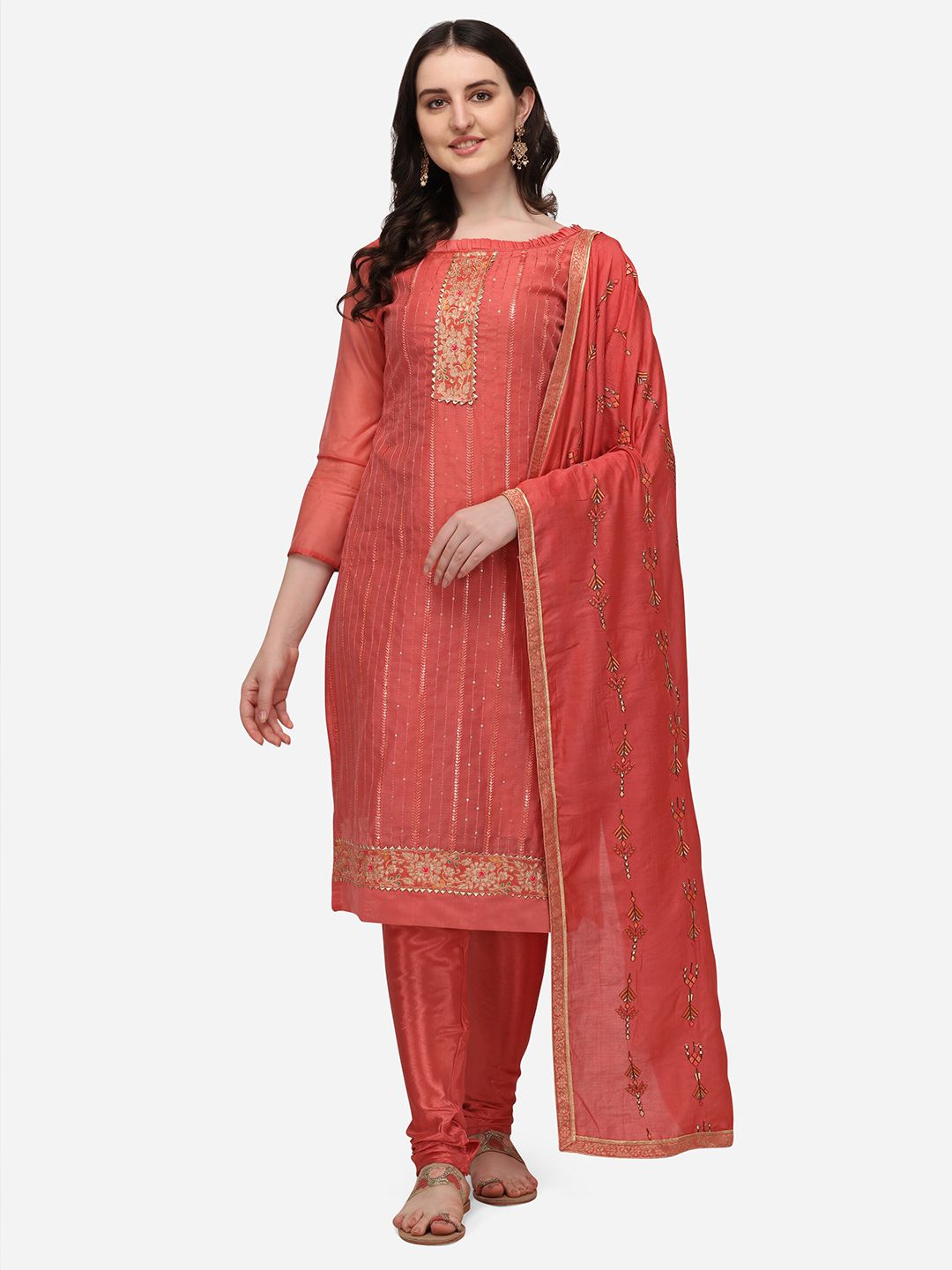 Mitera Pink & Gold-Toned Embroidered Unstitched Dress Material Price in India