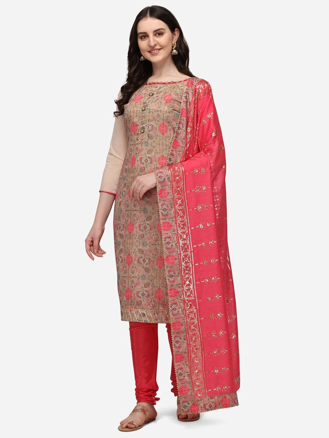 Mitera Pink & Beige Printed Unstitched Dress Material Price in India