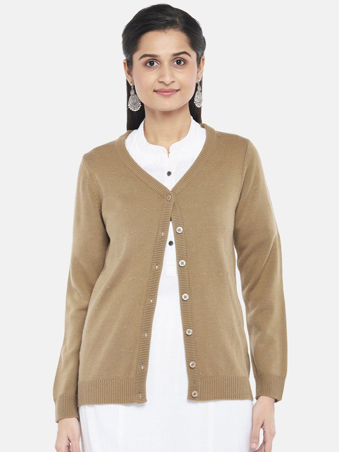 RANGMANCH BY PANTALOONS Women Beige Pure Acrylic Cardigan Sweater Price in India