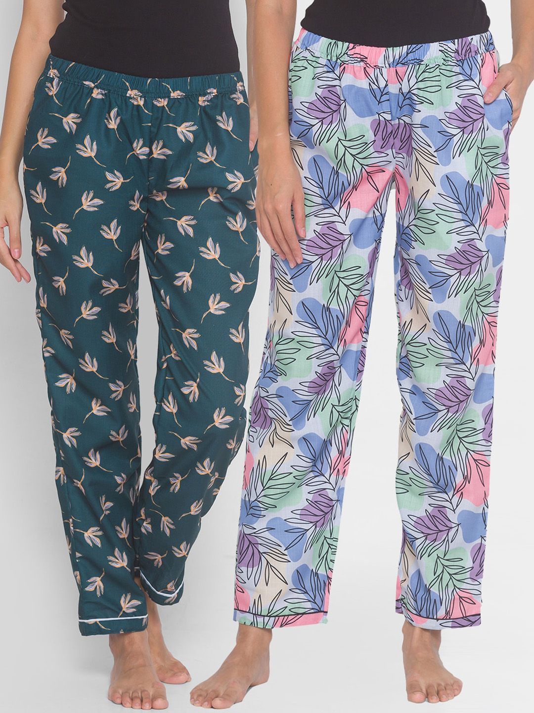 FashionRack Women Green & Blue Pack of 2 Printed Lounge Pants Price in India