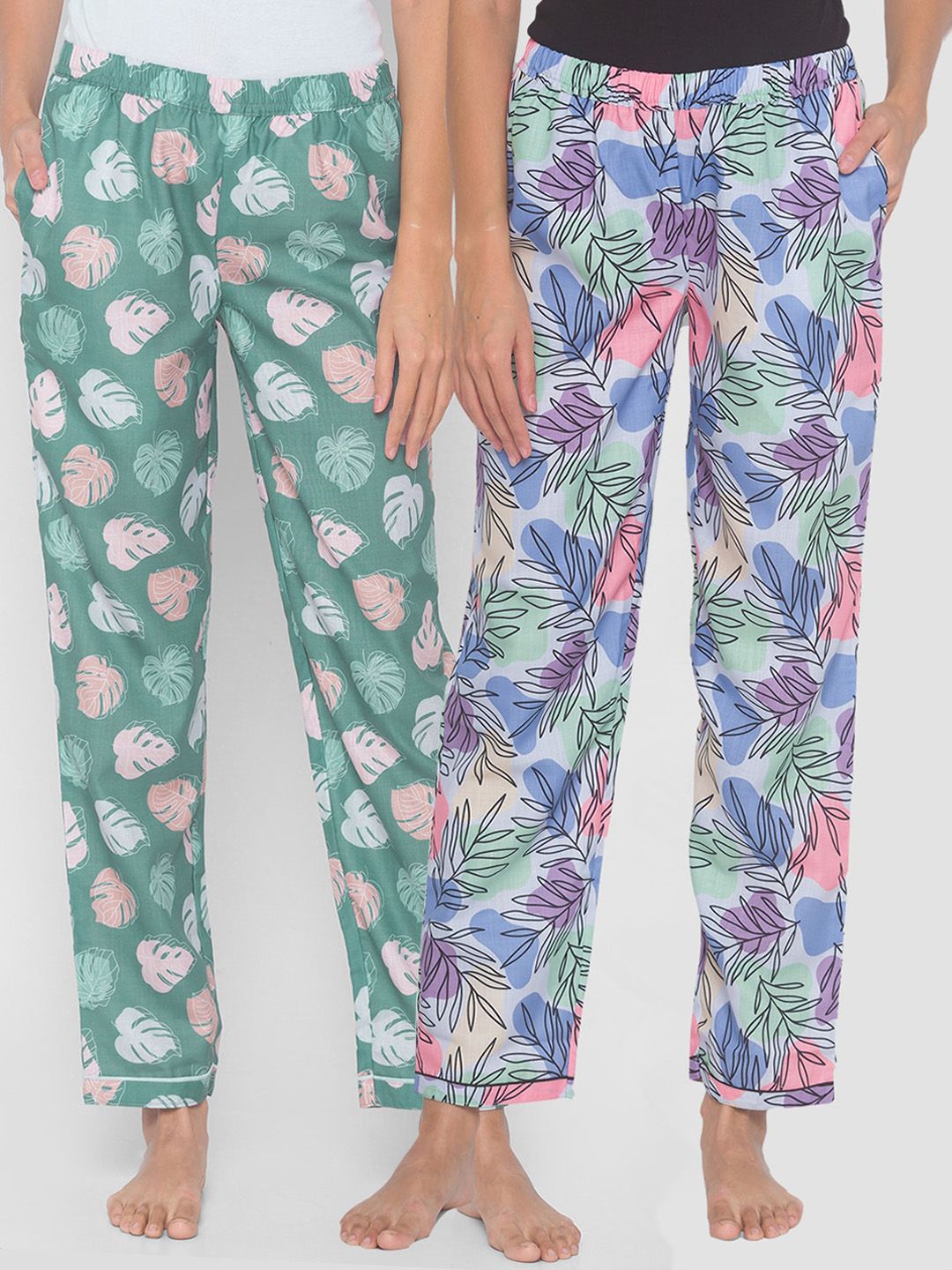 FashionRack Women Blue & Green Pack of 2 Printed Cotton Lounge Pants Price in India