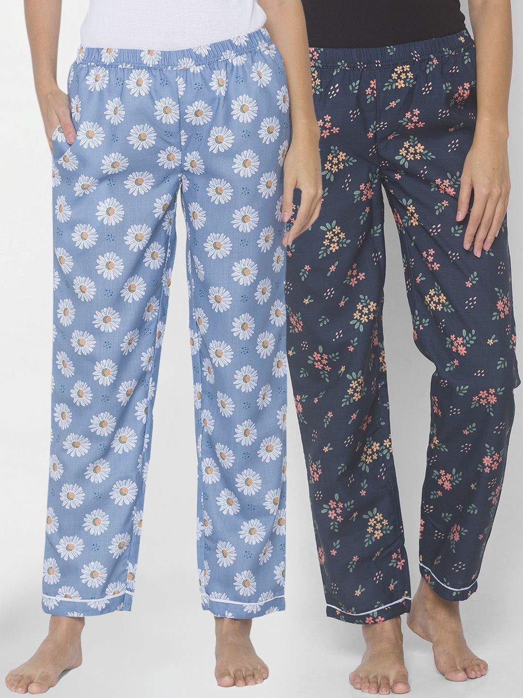 FashionRack Women Pack of 2 Blue & Navy Blue Printed Lounge Pants Price in India