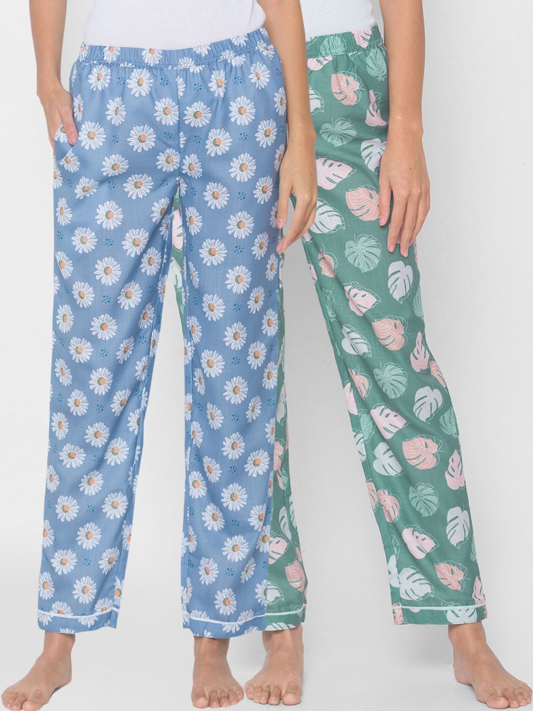 FashionRack Women Blue & Green Pack of 2 Printed Cotton Lounge Pants Price in India