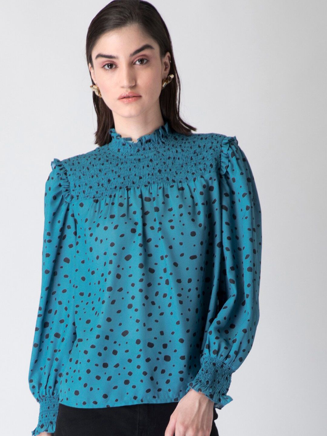 FabAlley Blue & Black Bishop Sleeves Georgette Blouson Top