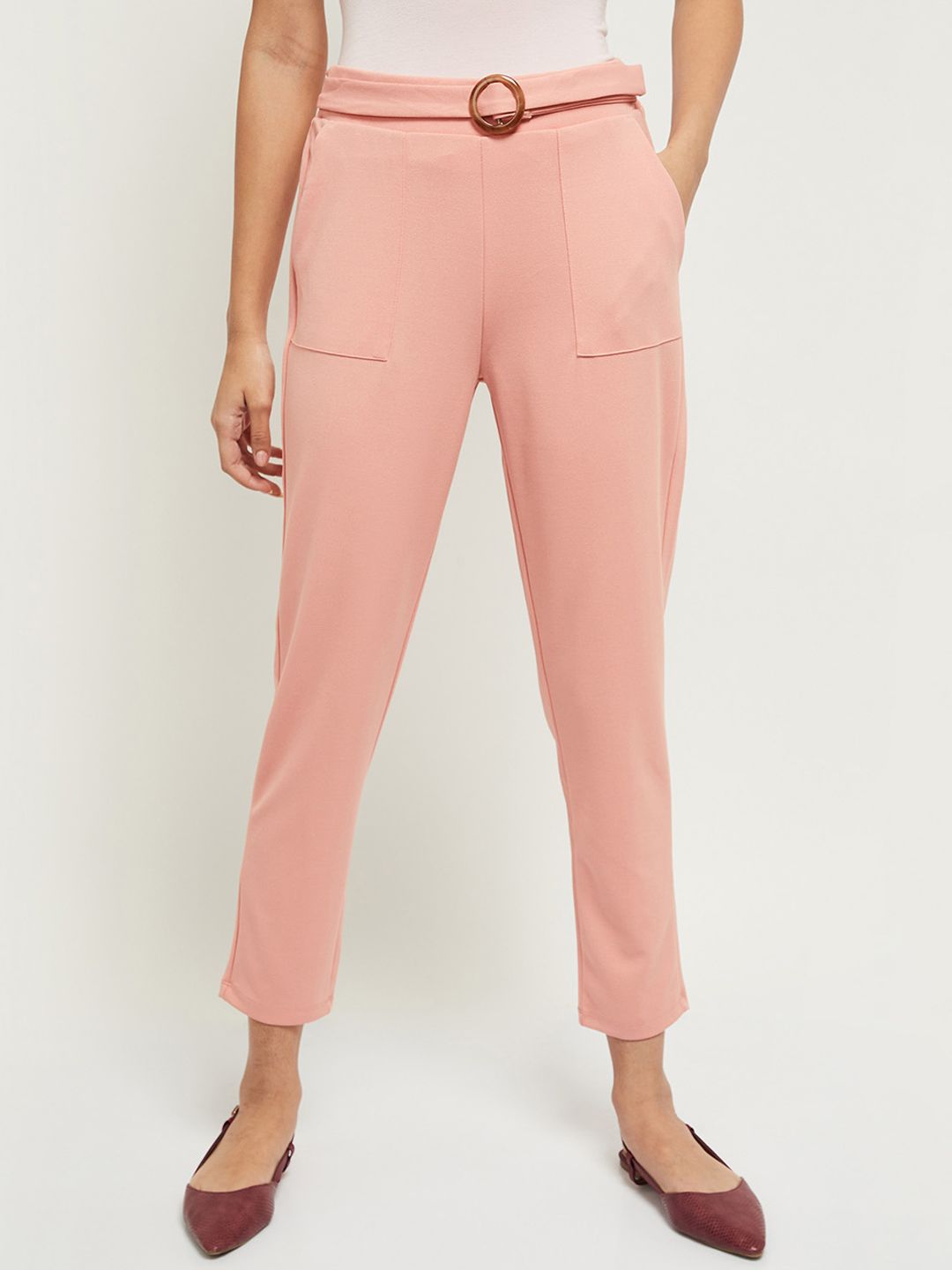 max Women Coral Pink Solid Cropped Regular Trousers Price in India