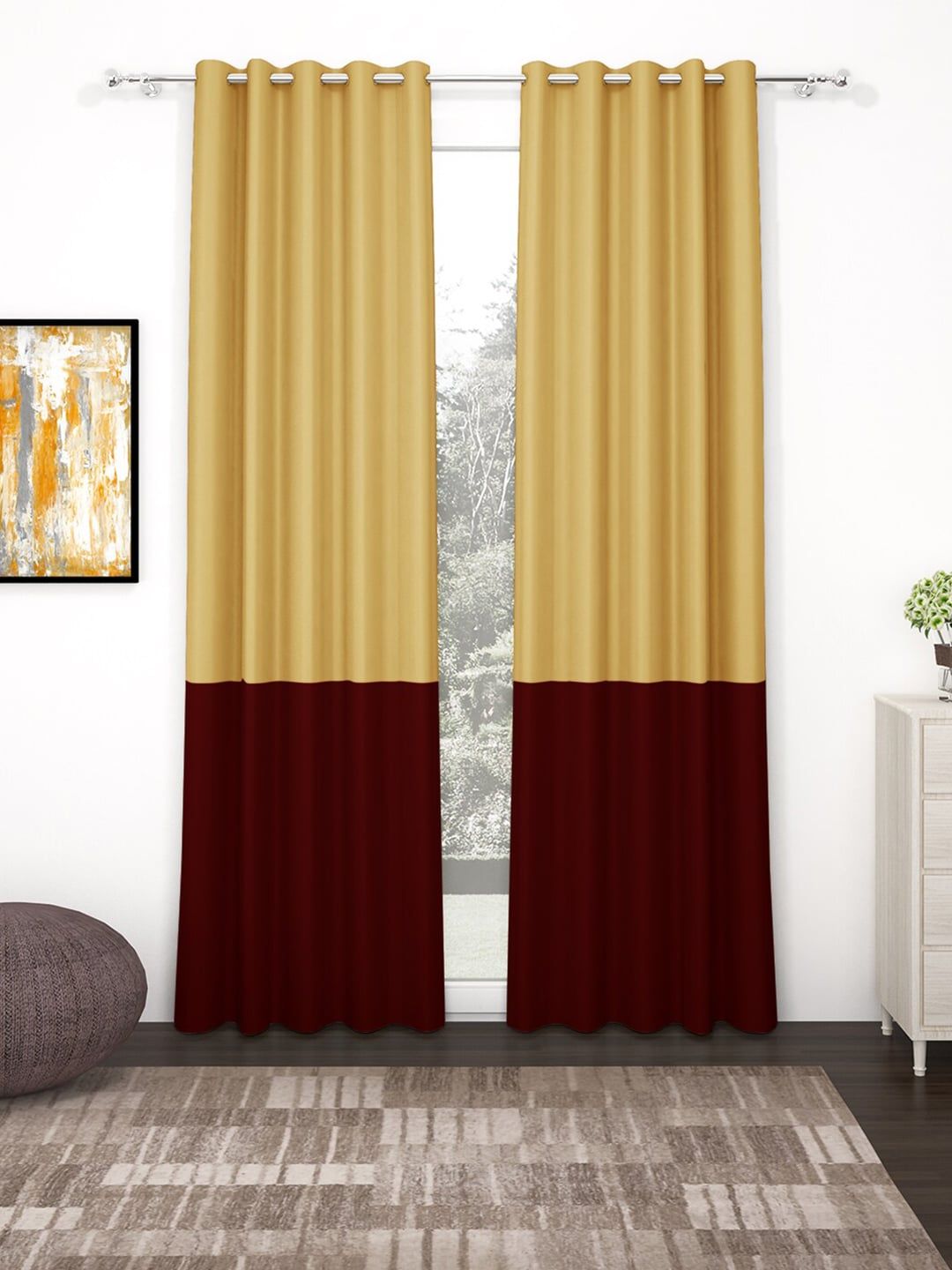 Story@home Maroon & Gold Colourblocked Black Out Door Curtain Price in India