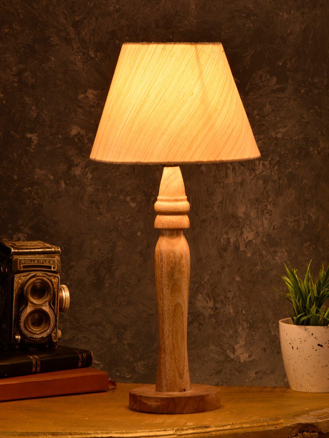 green girgit Round Brown Lamp with Taper Off White Cotton Shade Price in India