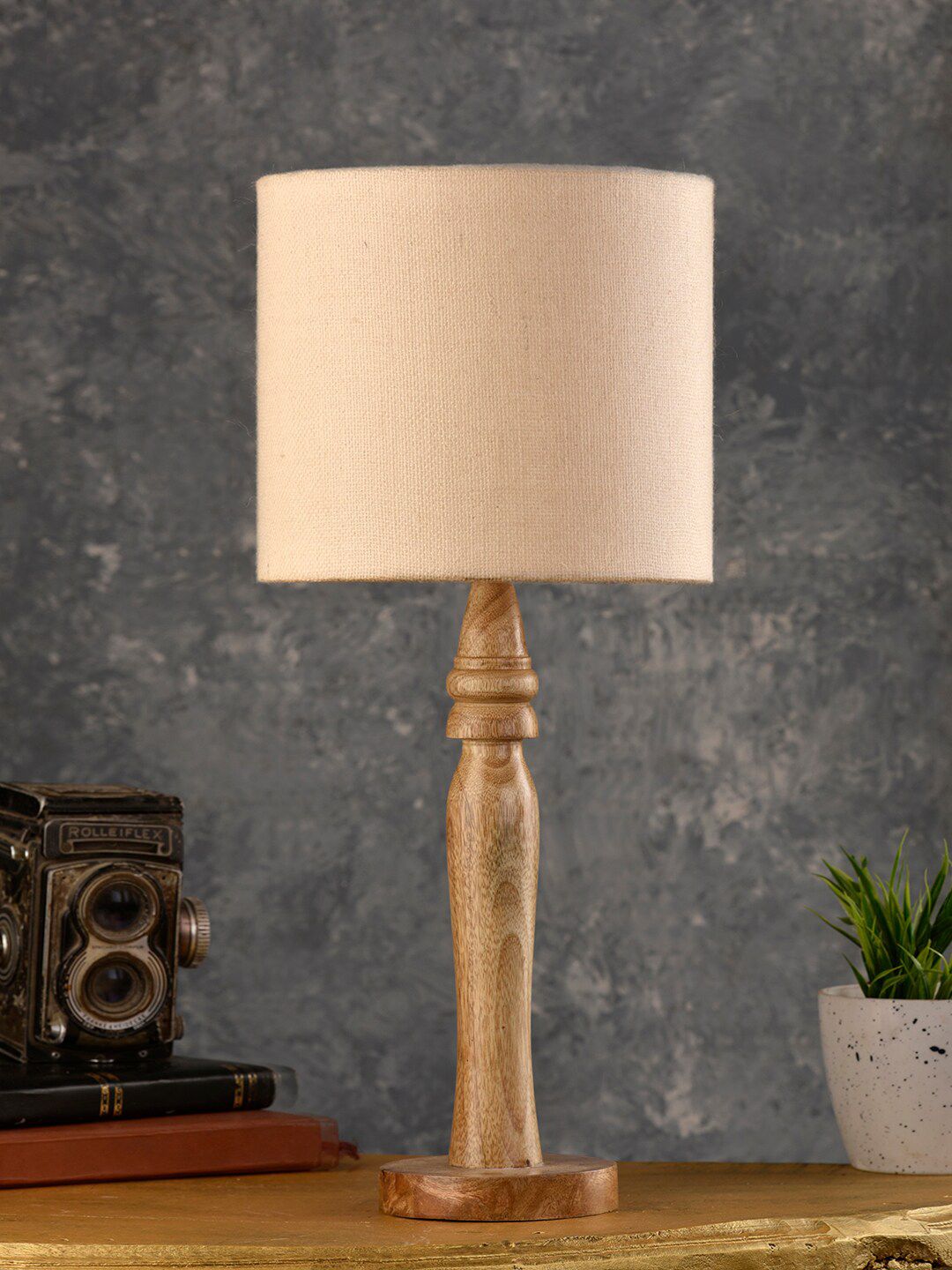 green girgit Brown Lamp with White Cotton Shade Price in India