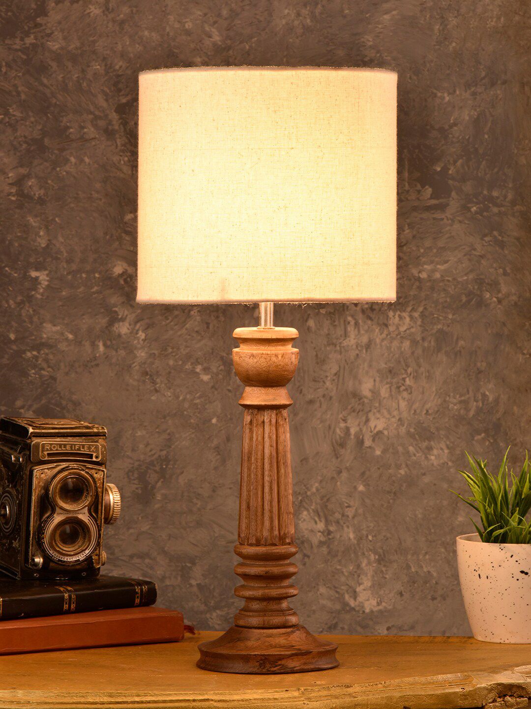 green girgit Brown Solid Table Lamp With Cotton Shade Price in India