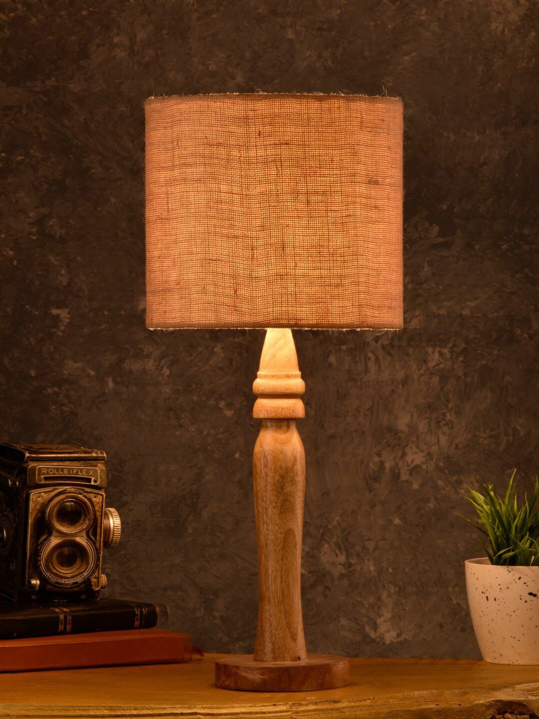 green girgit Brown Round Lamp with Jute Shade Price in India