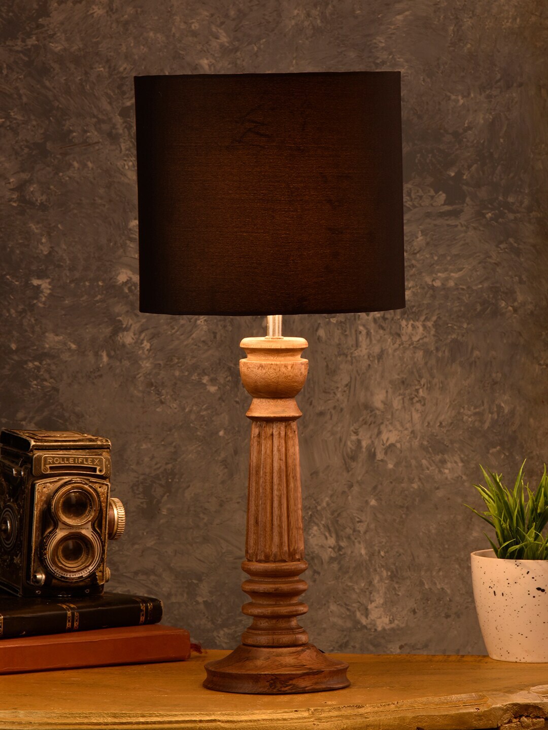 green girgit Pillar Brown Lamp with Black Cotton Shade Price in India