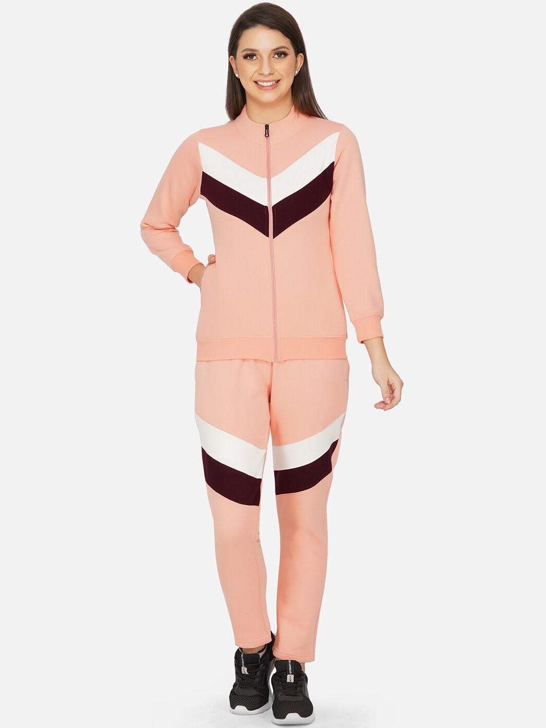 FABNEST Women Peach-Coloured & White Colourblocked Cotton Tracksuits Price in India