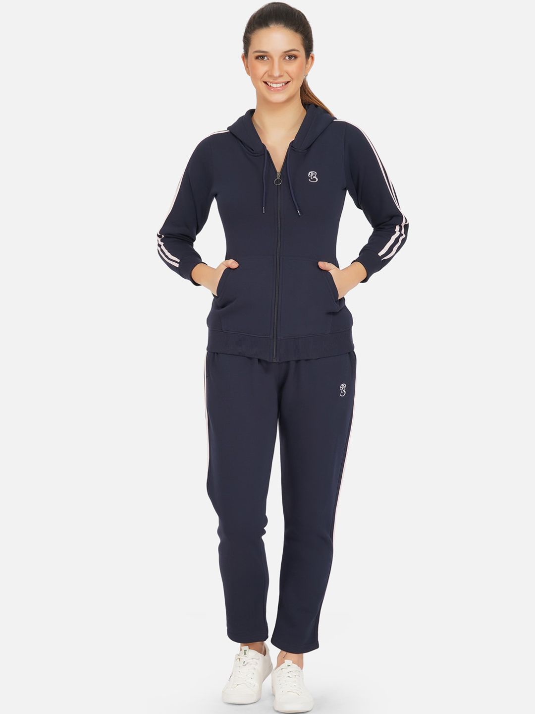 FABNEST Women Navy Blue & White Solid Tracksuits Price in India
