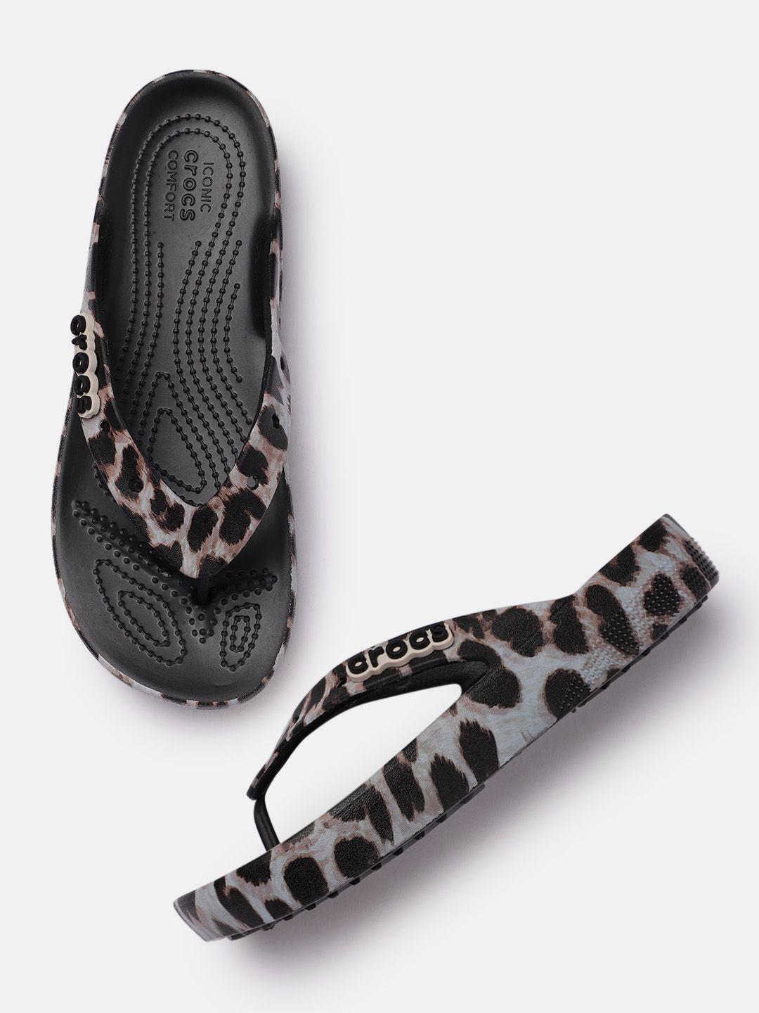 Crocs Women Grey & Brown Printed Croslite Thong Flip-Flops Price in India