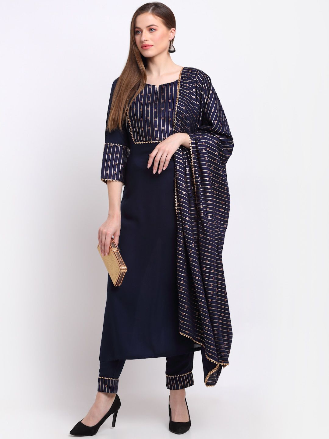 KALINI Women Navy Blue Yoke Design Regular Pure Cotton Kurta with Trousers & With Dupatta Price in India