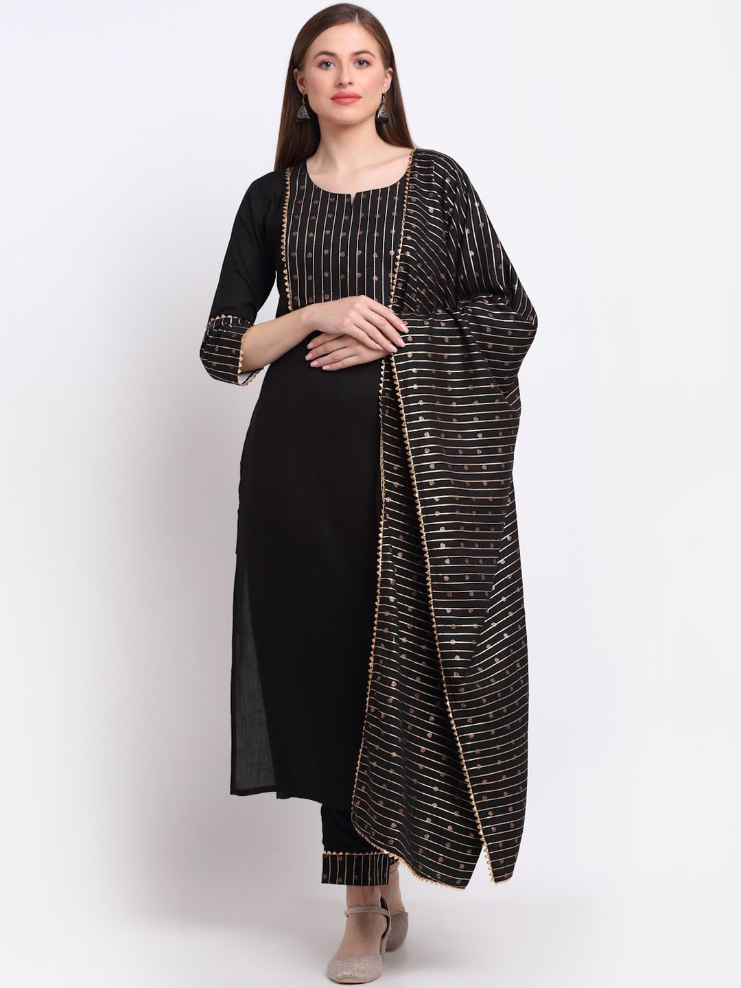 KALINI Women Black Floral Yoke Design Regular Pure Cotton Kurta with Trousers & With Dupatta Price in India