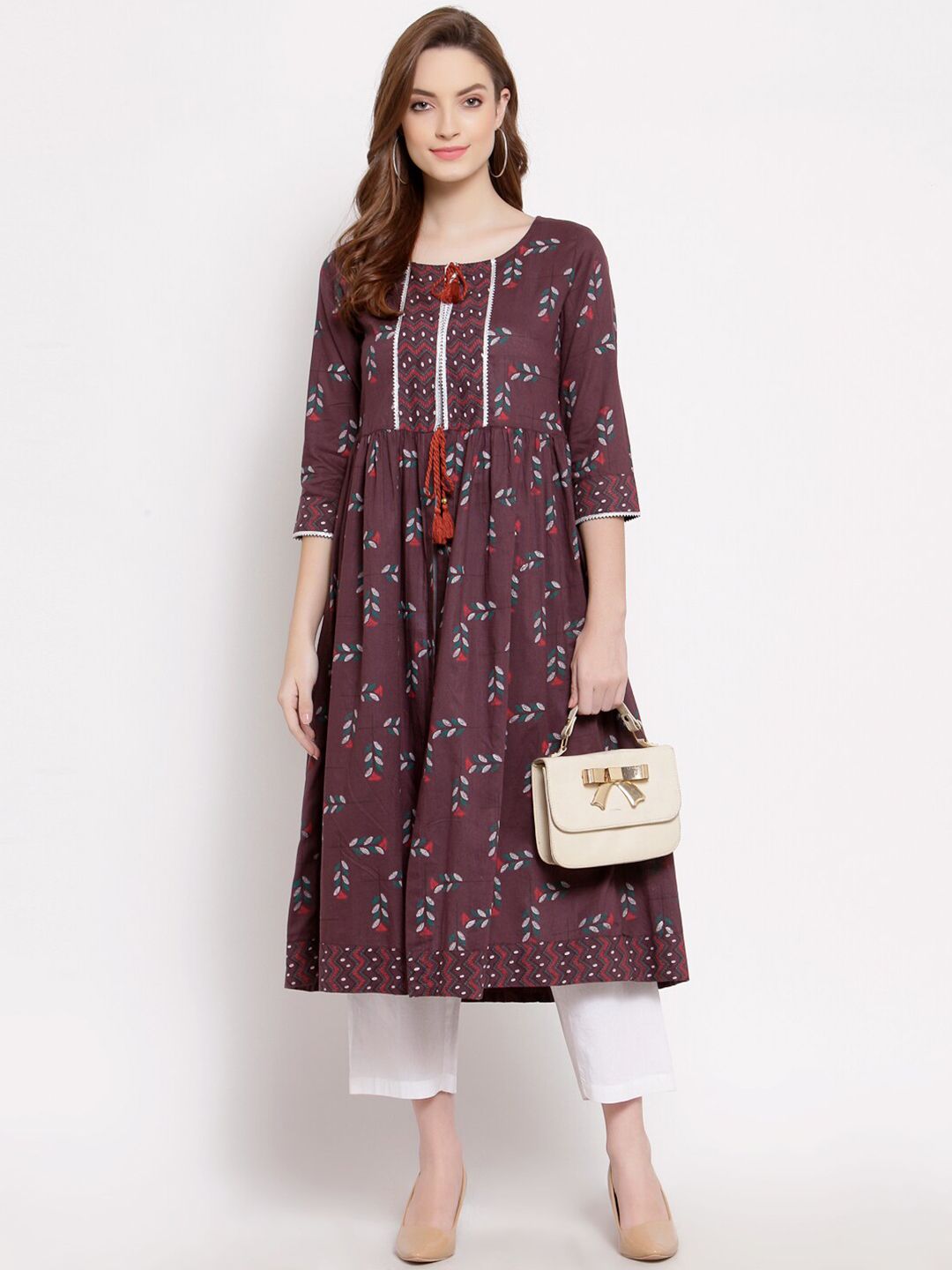 Myshka Women Brown Printed A-Line Kurta Price in India