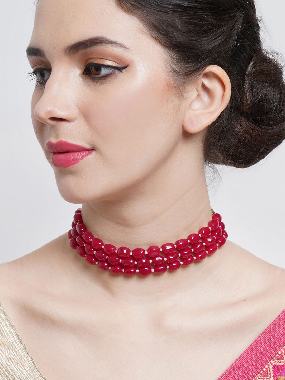 KARATCART Red & Gold-Toned Pearl Beaded Handcrafted Choker Necklace Price in India