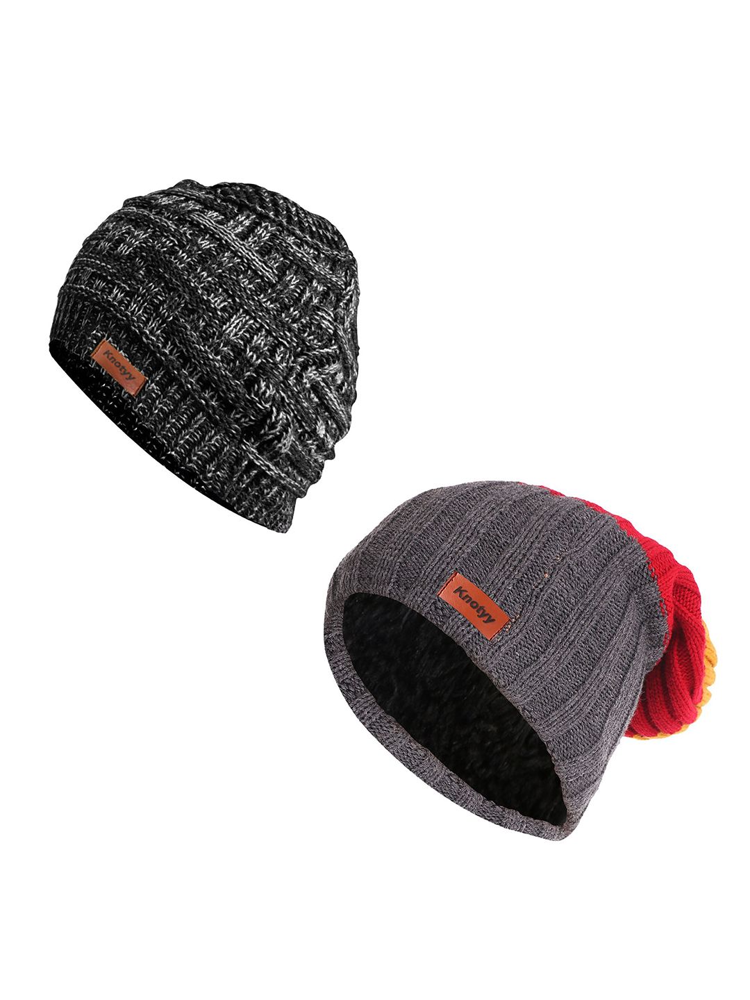 Knotyy Unisex Pack of 2 Grey & Red Beanie Price in India