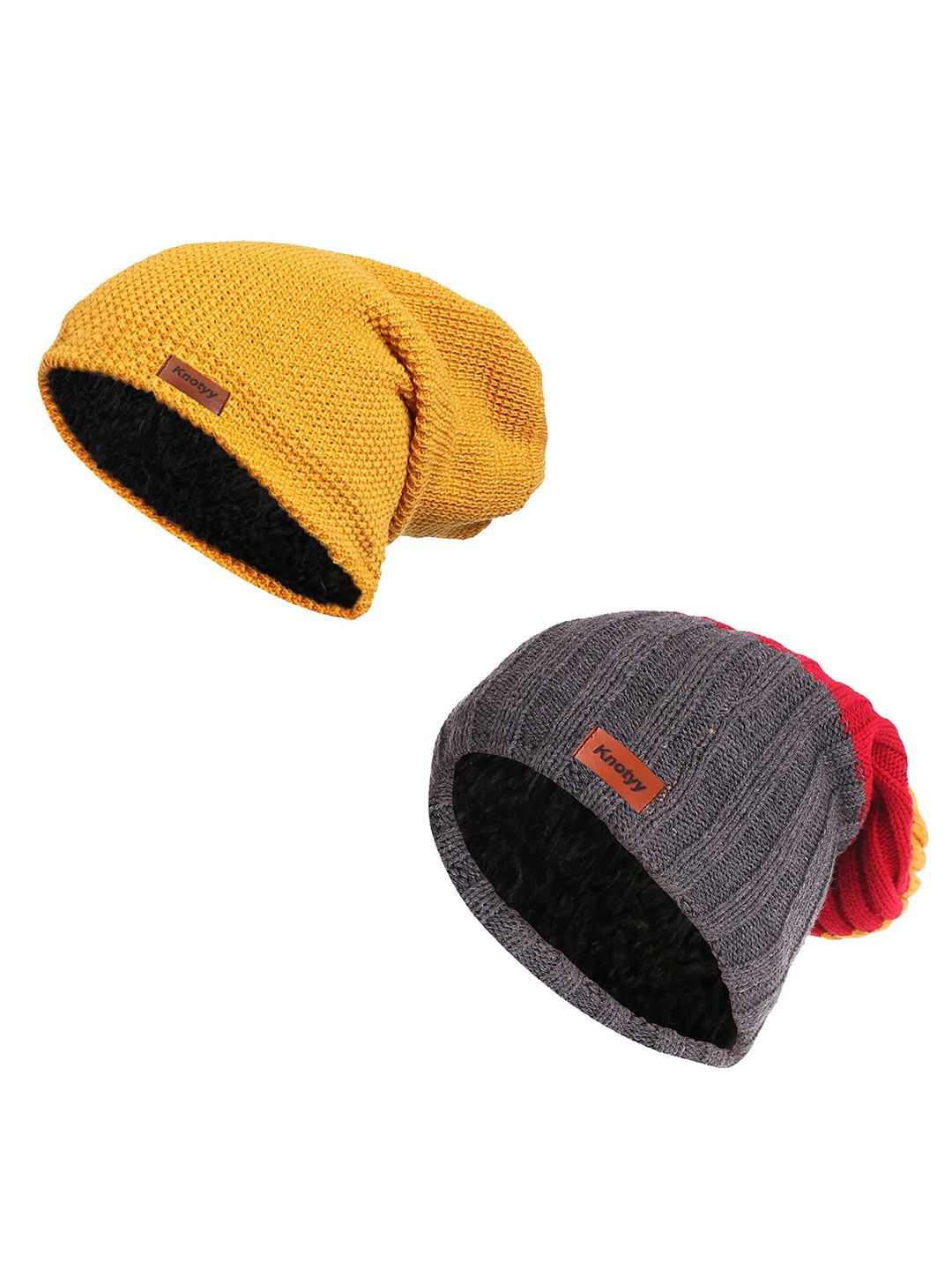 Knotyy Unisex Pack Of 2 Yellow & Grey Beanie Price in India