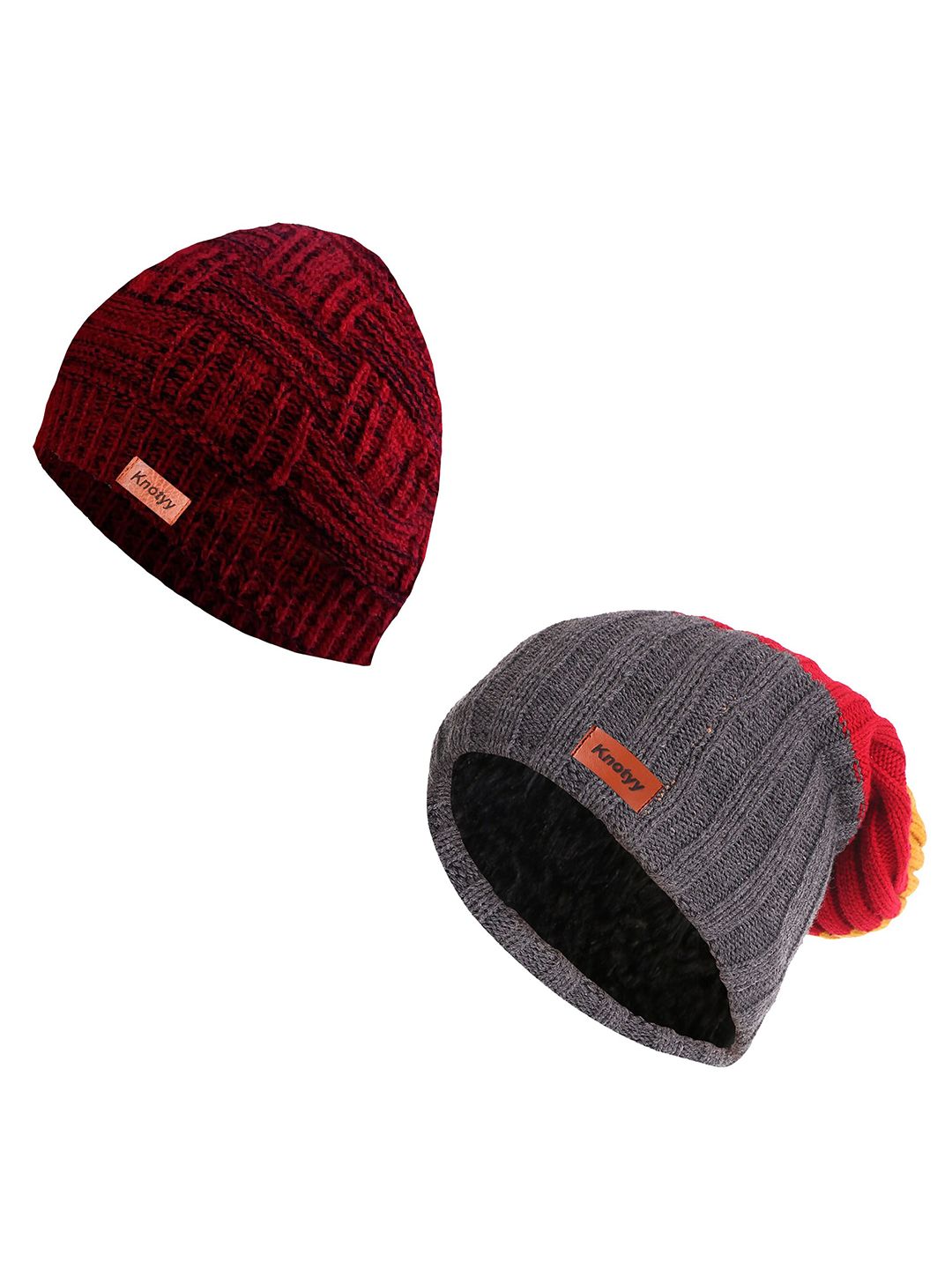 Knotyy Unisex Red & Grey Beanie Price in India