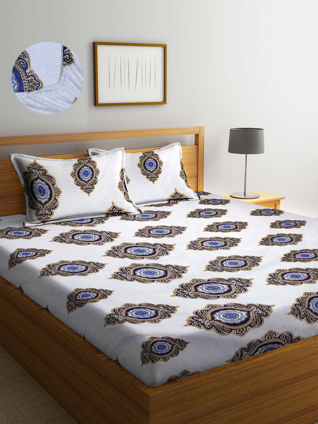 Arrabi White & Blue Ethnic Motifs 300 TC King Bedsheet with 2 Pillow Covers Price in India