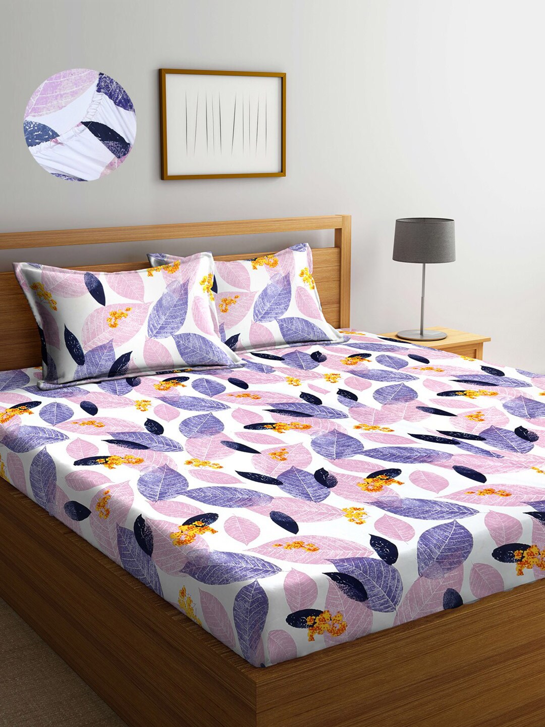 Arrabi White & Purple Floral 300 TC King Bedsheet with 2 Pillow Covers Price in India