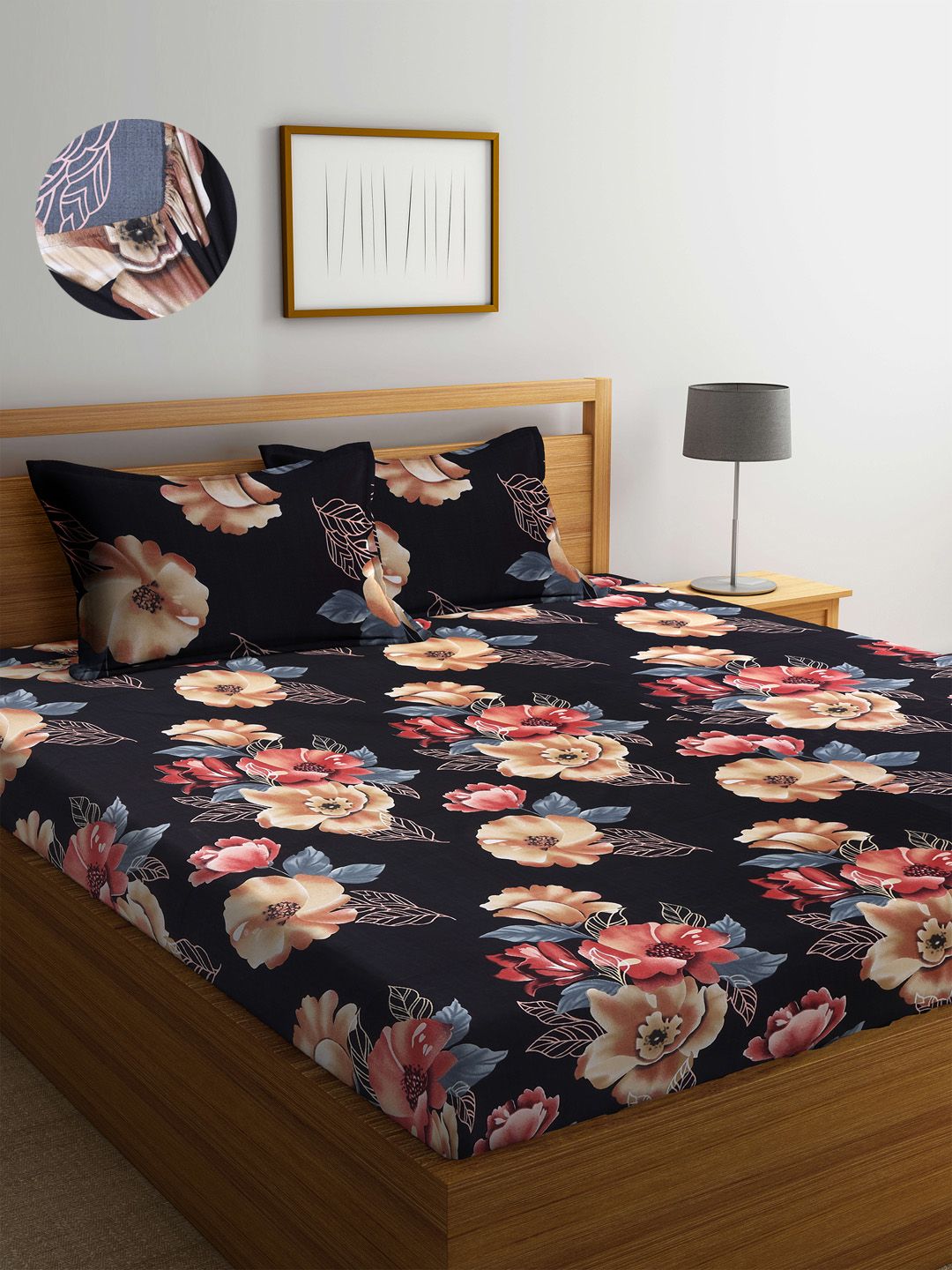 Arrabi Black Floral 300 TC King Bedsheet with 2 Pillow Covers Price in India