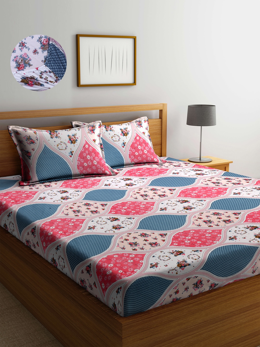 Arrabi White & Blue Floral 300 TC King Bedsheet with 2 Pillow Covers Price in India