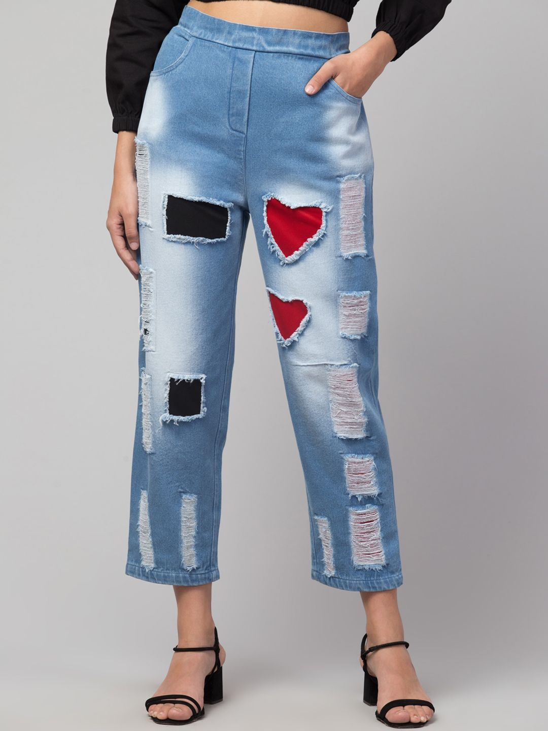 Orchid Blues Women Blue & Red High-Rise Highly Distressed Heavy Fade Jeans Price in India