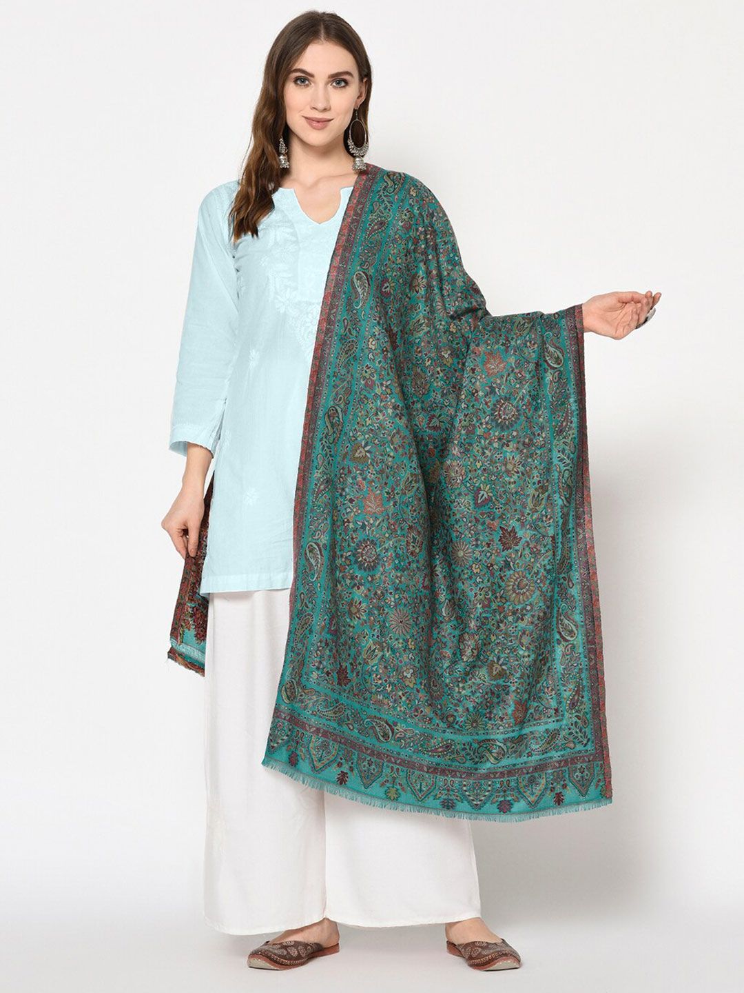 Safaa Women Teal Ethnic Motifs Woven Design Stole Price in India