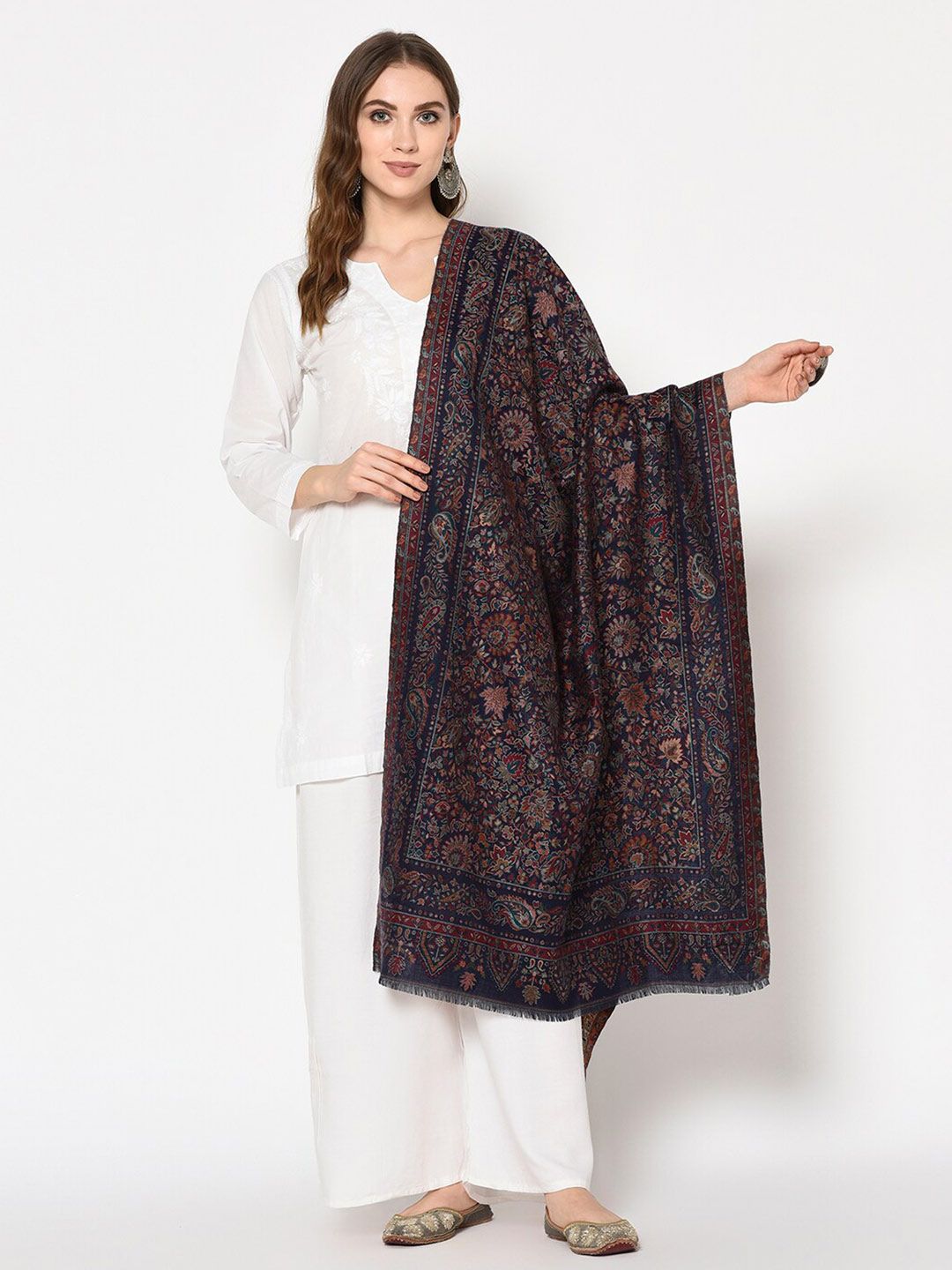 Safaa Women Navy Blue & Taupe Woven Design Stole Price in India