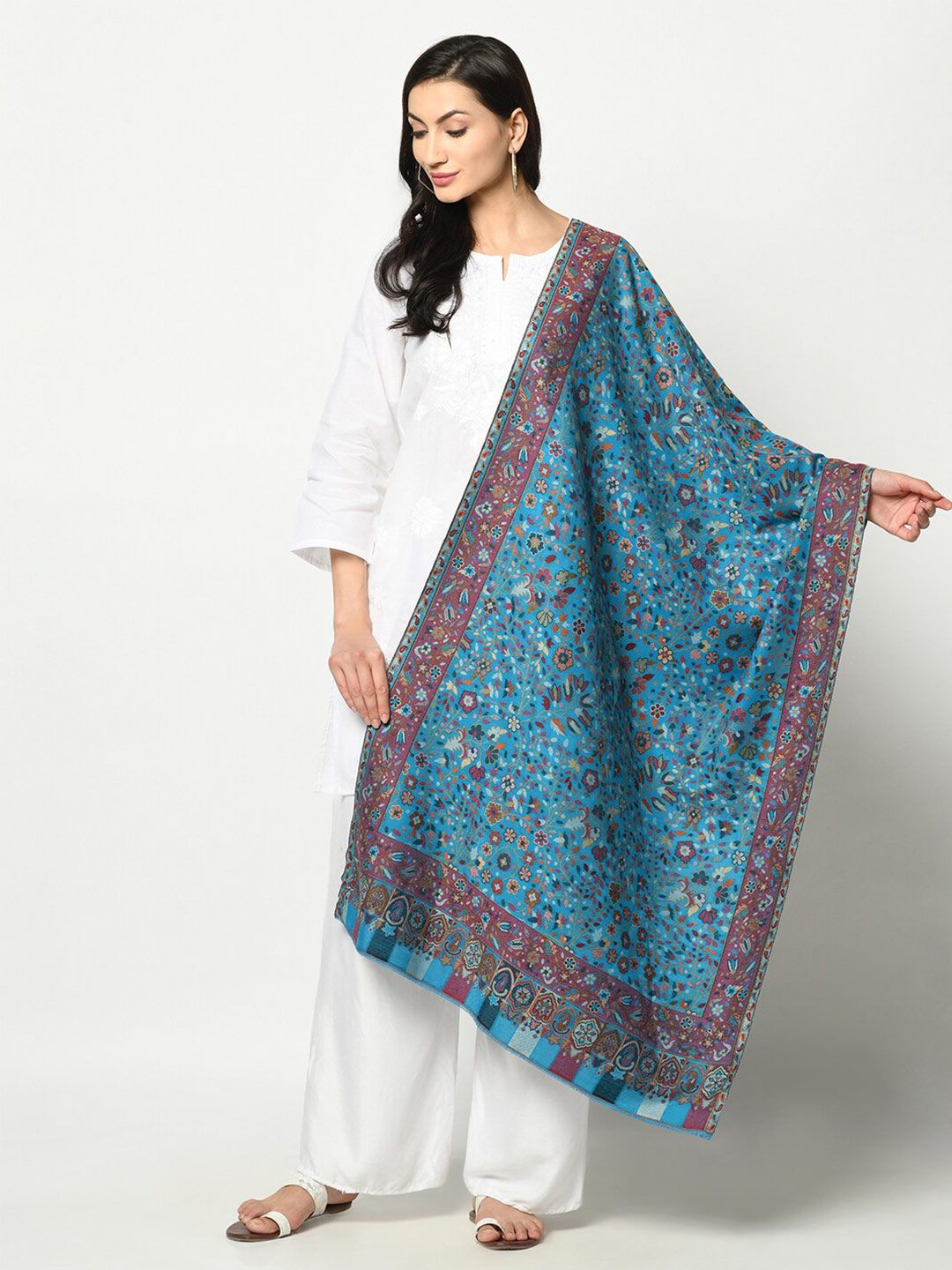 Safaa Women Blue & Red Woven Design Wool Stole Price in India