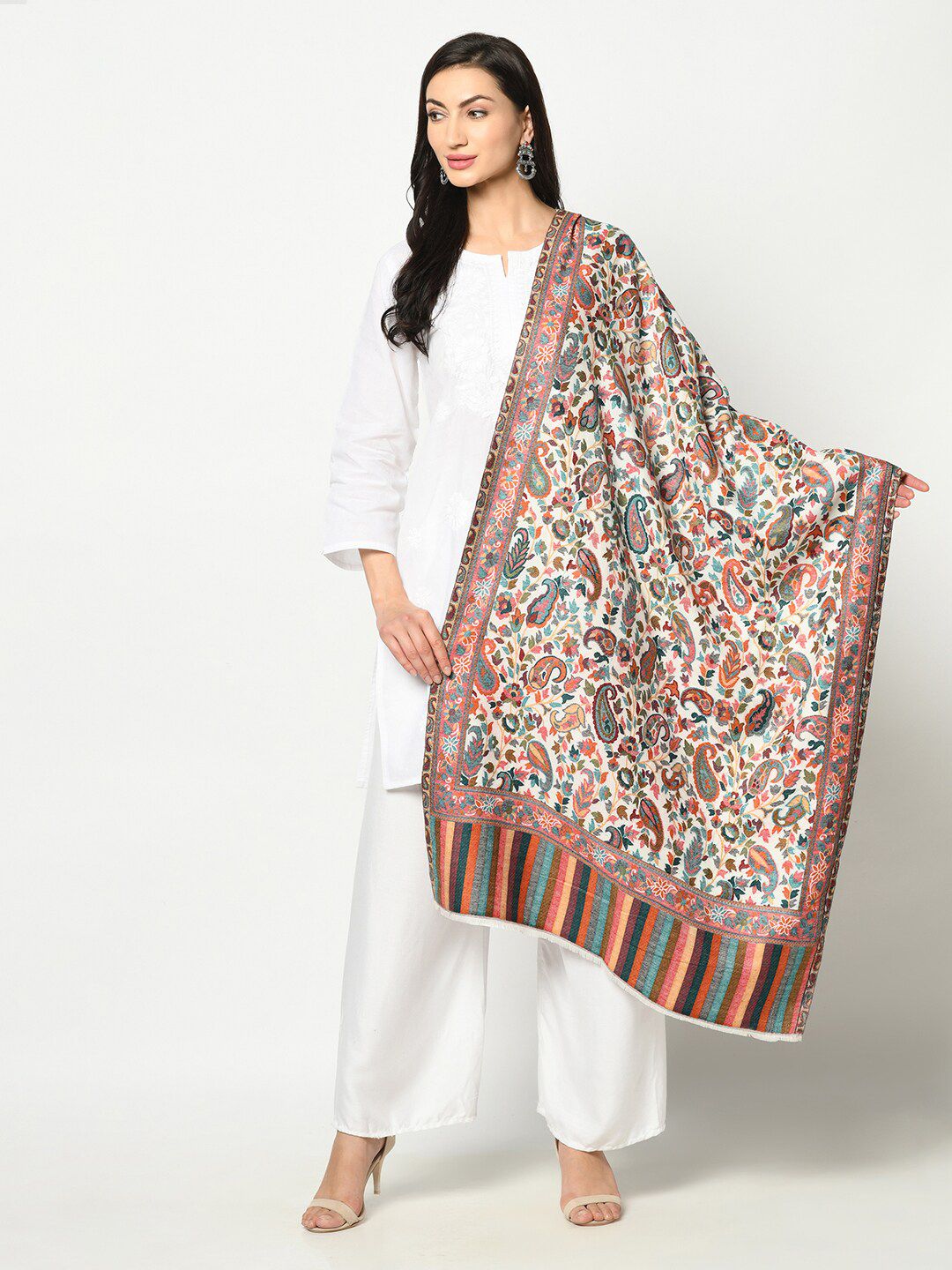 Safaa Women White & Red Woven Design Stole Price in India