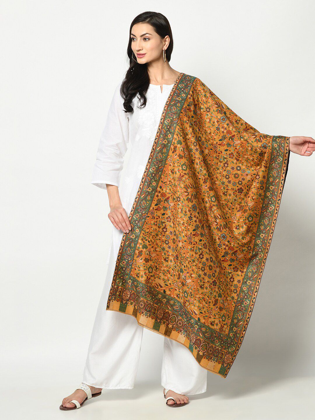 Safaa Women Mustard Yellow & Green Woven Design Stole Price in India