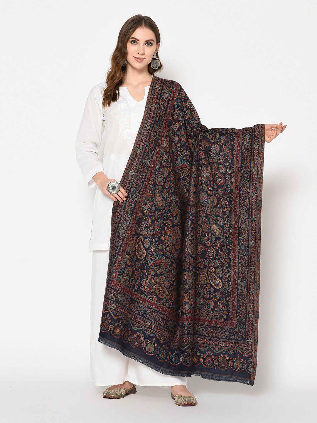 Safaa Women Navy Blue & Grey Woven Design Stole Price in India